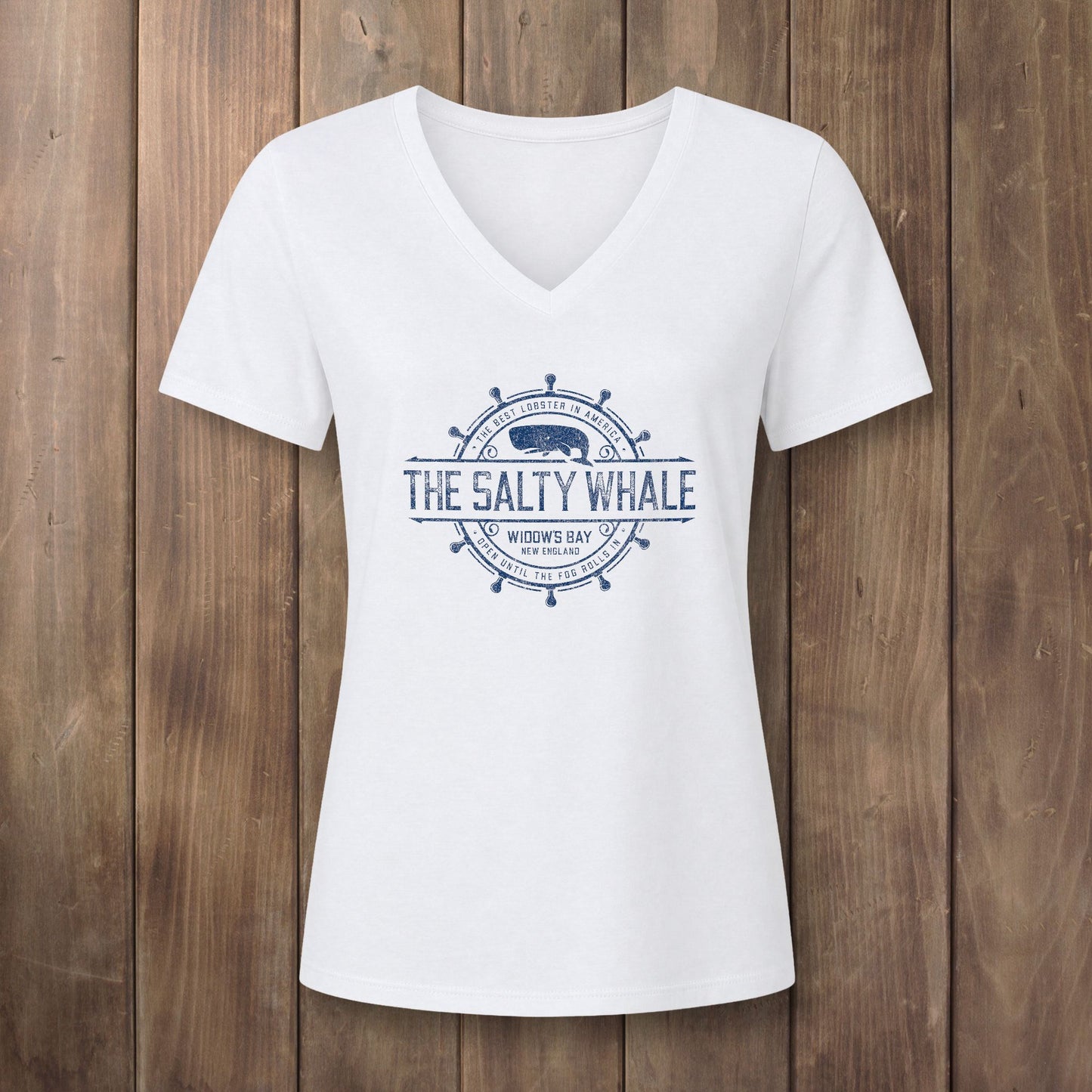 White womens v-neck tee with vintage The Salty Whale nautical crest inspired by Widow's Bay show
