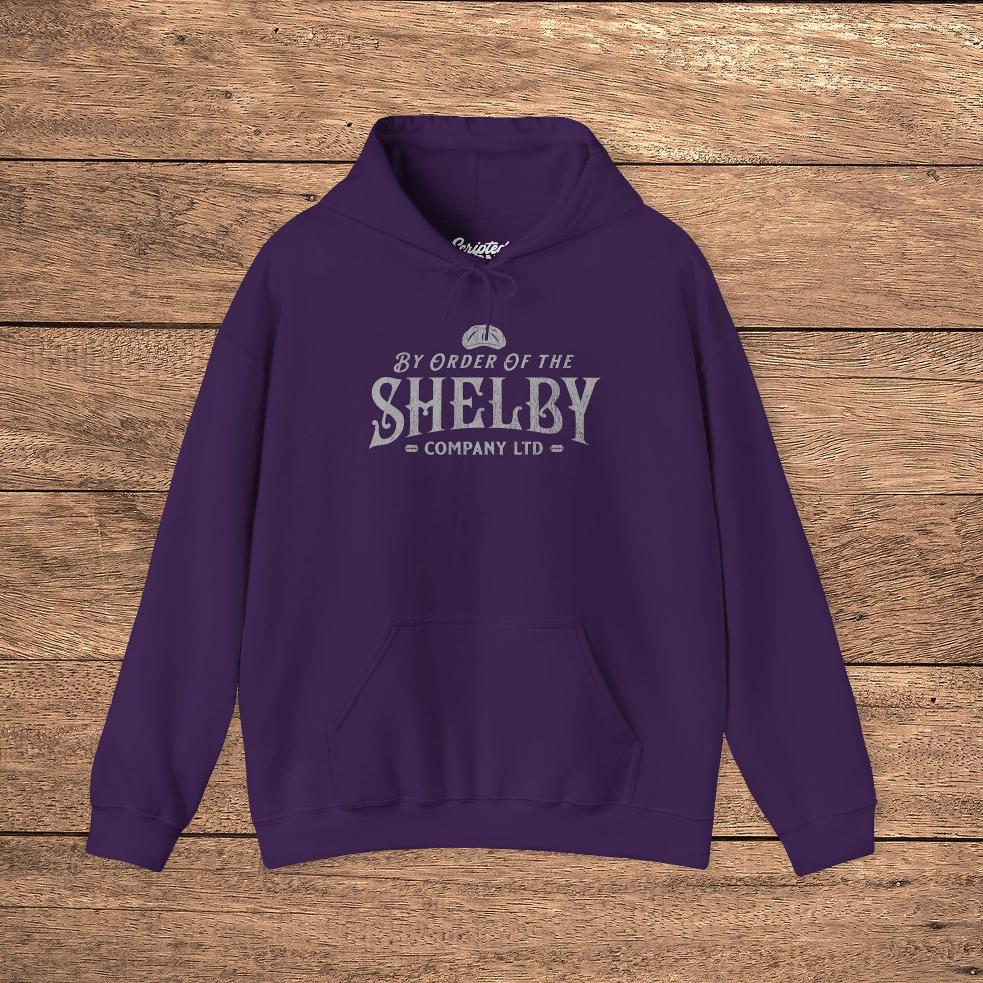 Purple Unisex Gildan 18500 Heavy Blend Hoodie Sweatshirt with a vintage Shelby Company Limited logo graphic from Peaky Blinders.