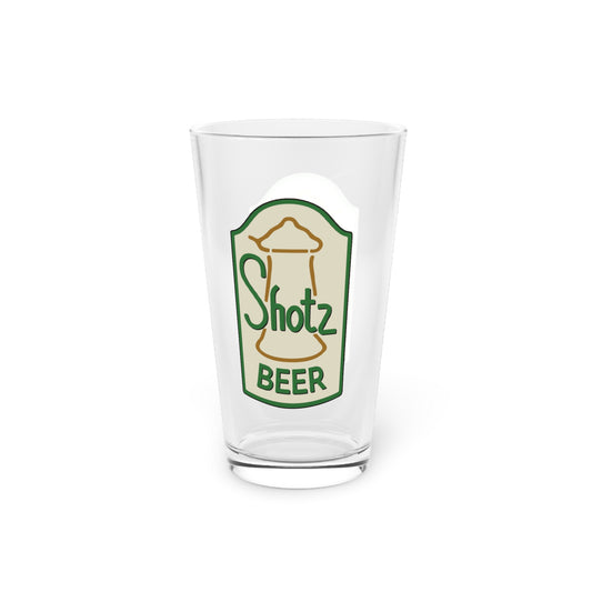 Front view of 16 oz clear pint glass with Shotz Beer logo graphic from TV Show Laverne & Shirley, printed on both sides.
