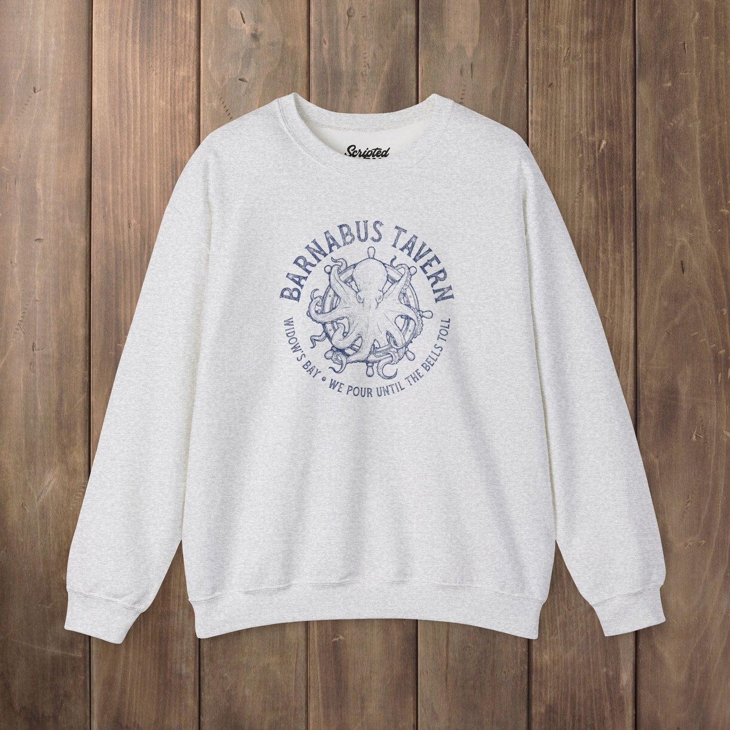 Ash crewneck sweatshirt with vintage Barnabus Tavern graphic from Widow's Bay TV show octopus design