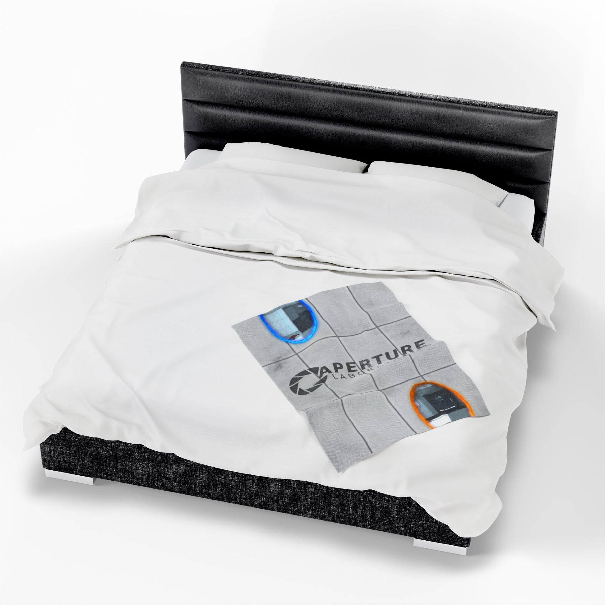 30x40 Velveteen plush blanket with Portal 2 panel wall, Aperture Laboratories logo, and blue and orange portals, shown on a queen sized bed.