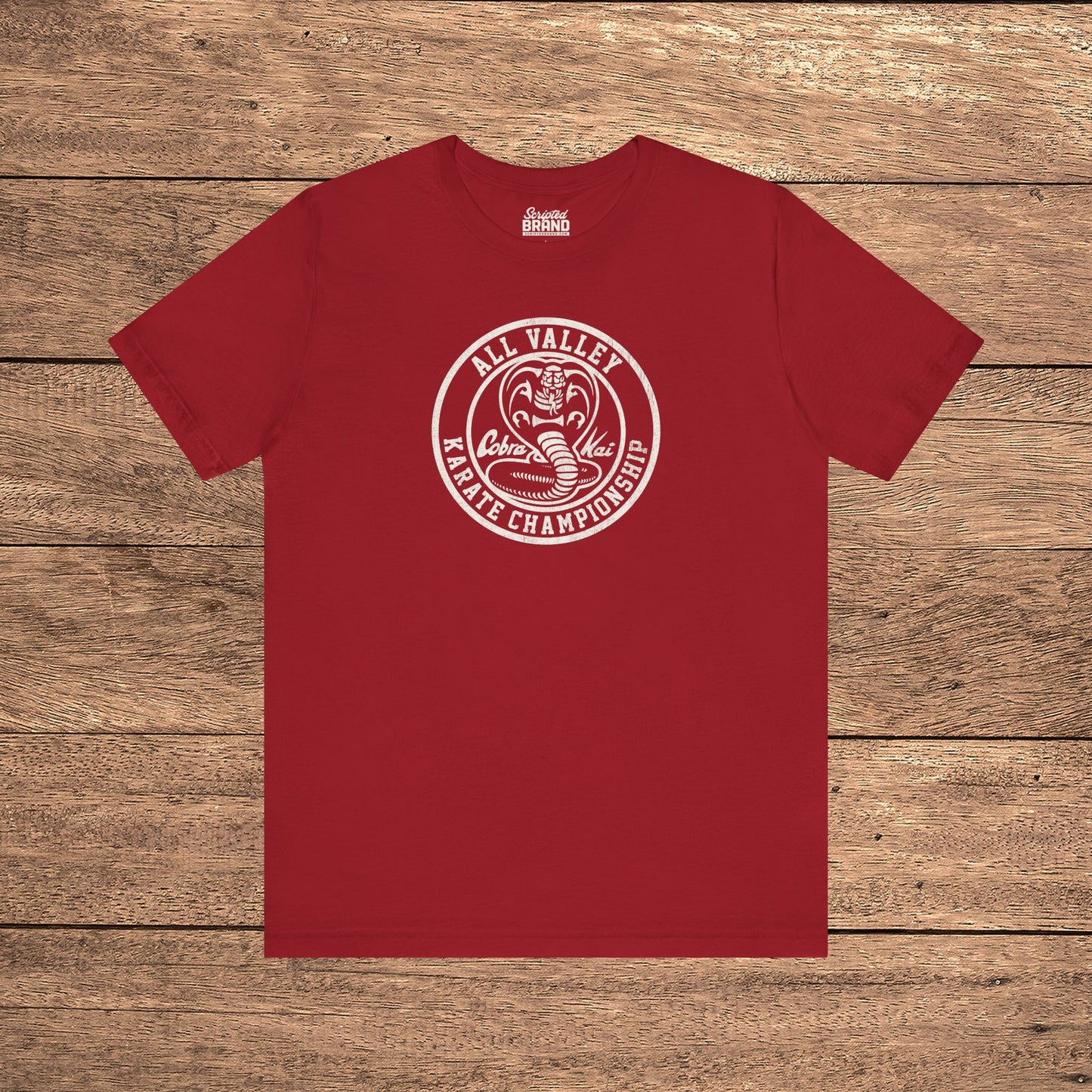 Red Cobra Kai All Valley Karate Championship vintage distressed graphic t-shirt, soft Bella+Canvas cotton Karate Kid tee
