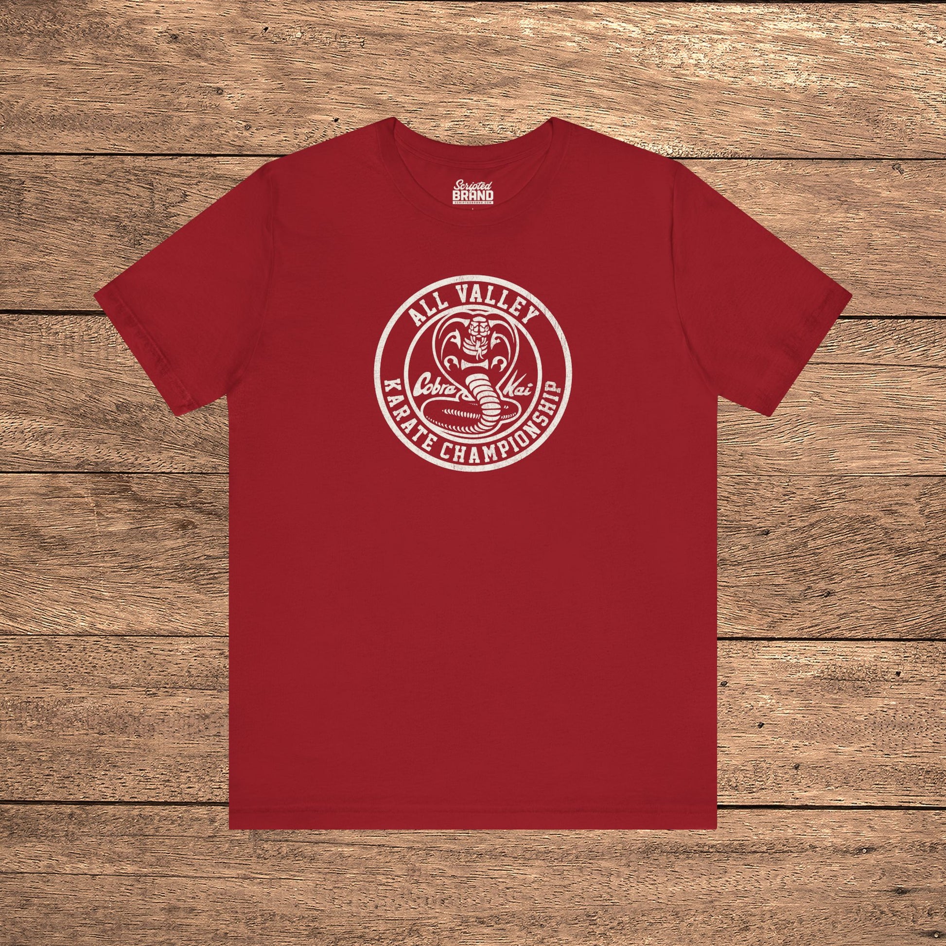 Red Cobra Kai All Valley Karate Championship vintage distressed graphic t-shirt, soft Bella+Canvas cotton Karate Kid tee