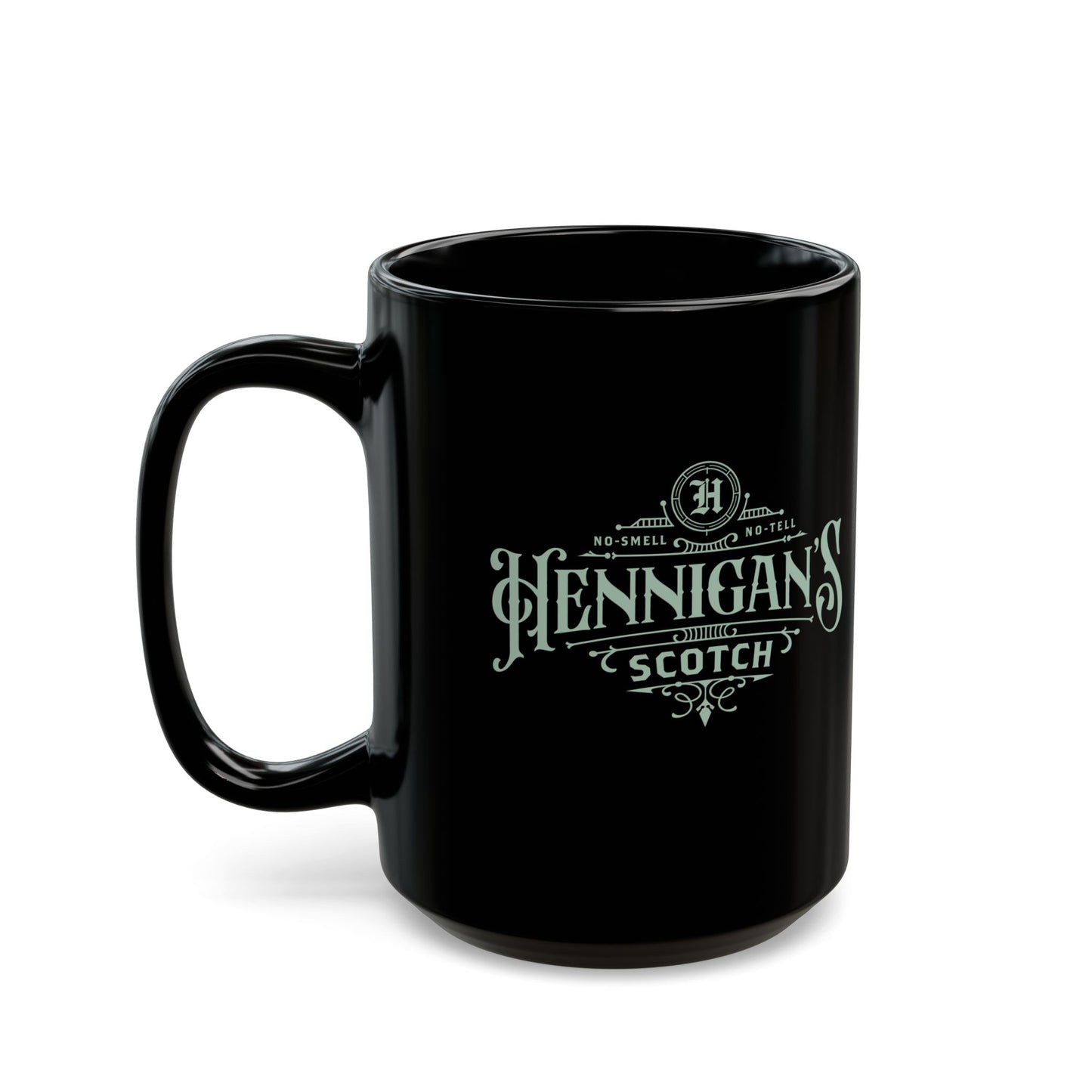 15 ounce Black mug with 'Hennigan's Scotch' branding on a white background