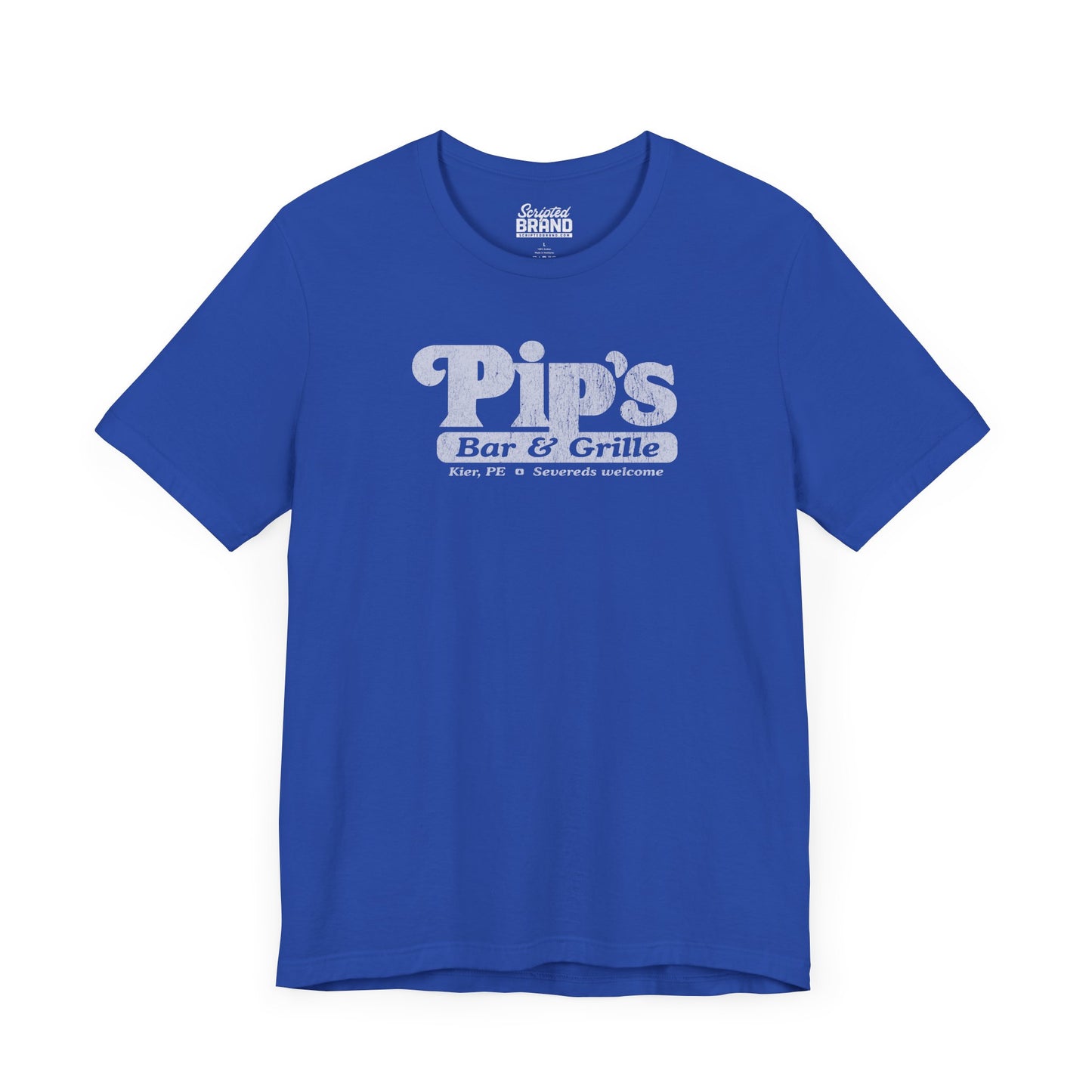 Front view of a royal blue colored soft Bella+Canvas shirtsleeve t-shirt with the Pips Bar and Grill logo from the TV show Severance in a vintage distressed ink-stamped worn-in style.