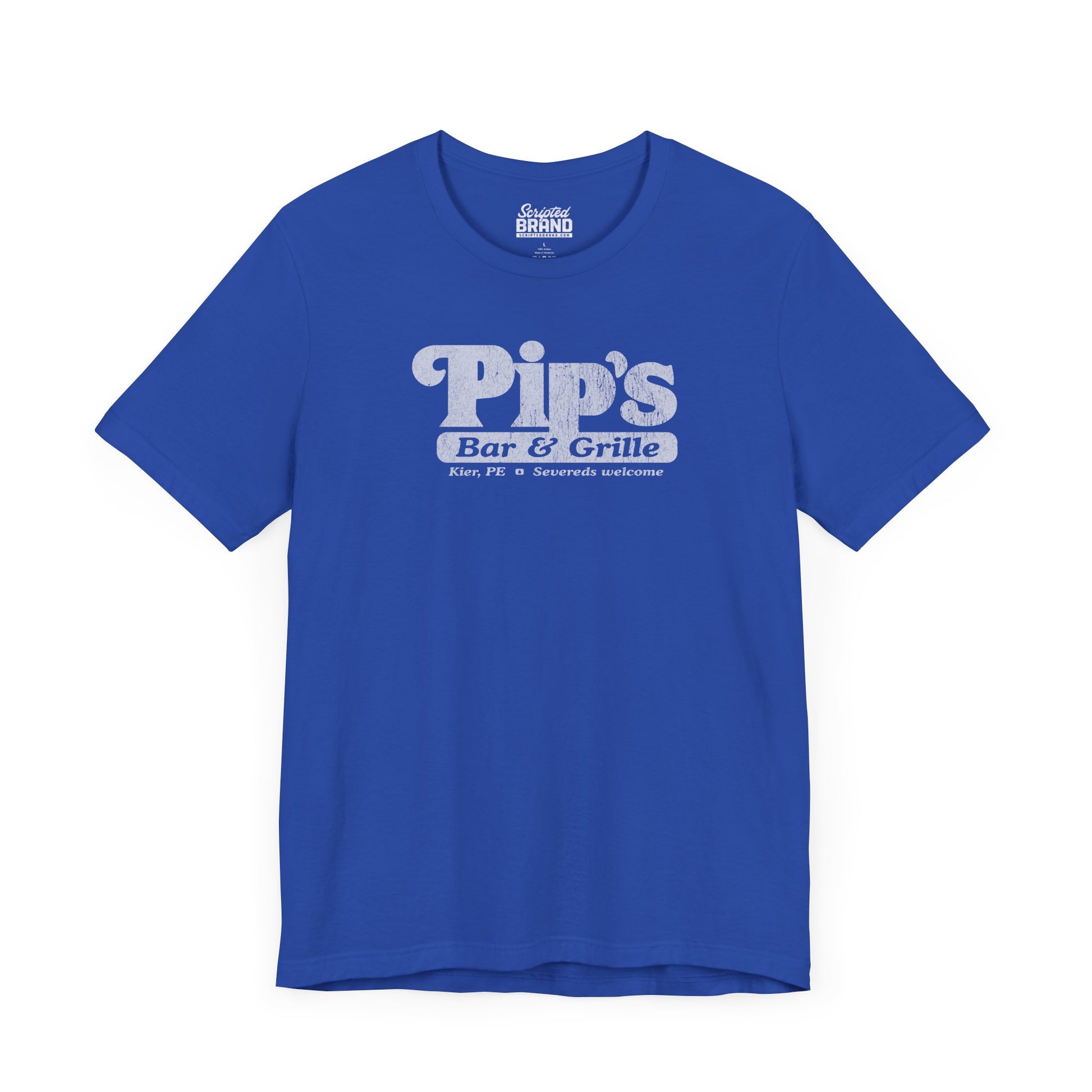 Front view of a royal blue colored soft Bella+Canvas shirtsleeve t-shirt with the Pips Bar and Grill logo from the TV show Severance in a vintage distressed ink-stamped worn-in style.