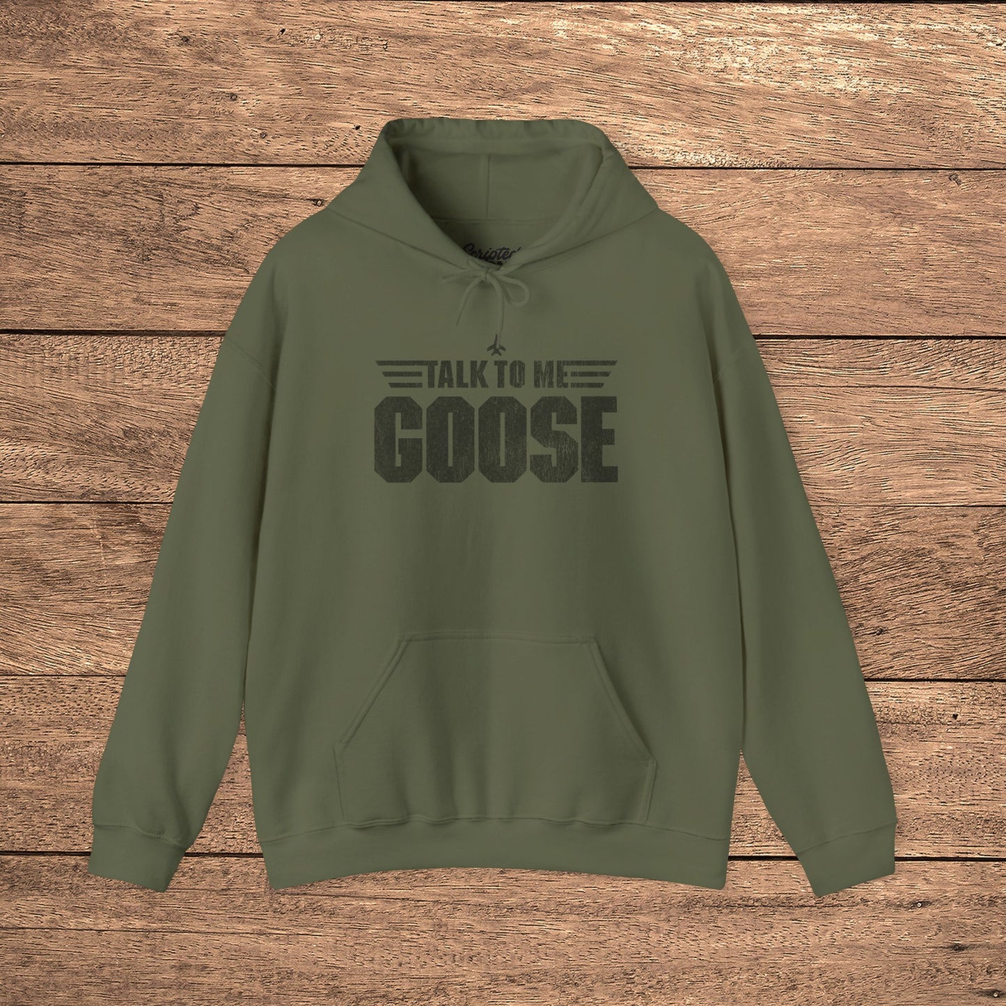 Military green Talk to Me Goose vintage distressed graphic hoodie inspired by Top Gun, heavy blend cotton sweatshirt