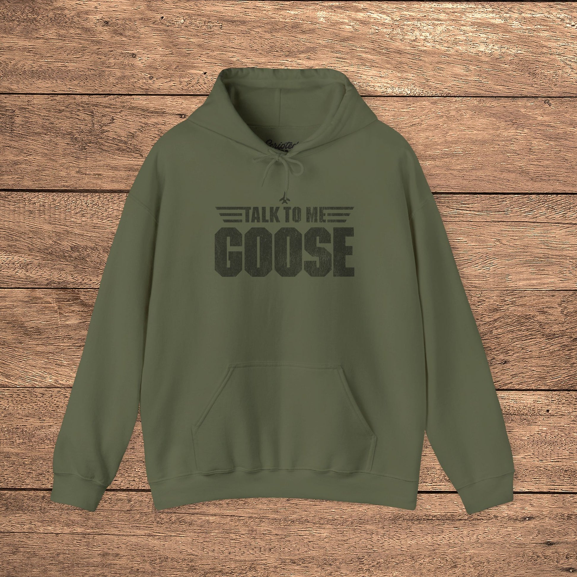 Military green Talk to Me Goose vintage distressed graphic hoodie inspired by Top Gun, heavy blend cotton sweatshirt