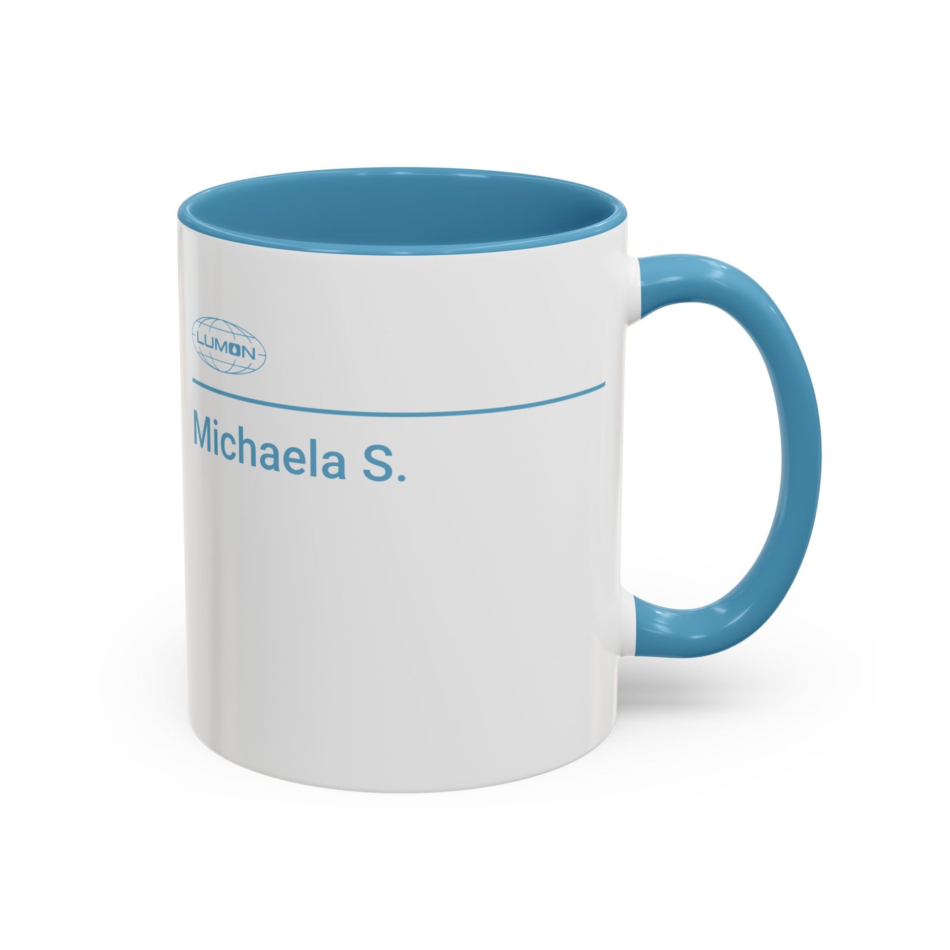 Back angle of a mockup of a White Ceramic Mug (11 oz) with the blue Lumon Industries logo on one side and customizable text on the other side (up to 120 characters) inspired by the Apple TV show Severance.

