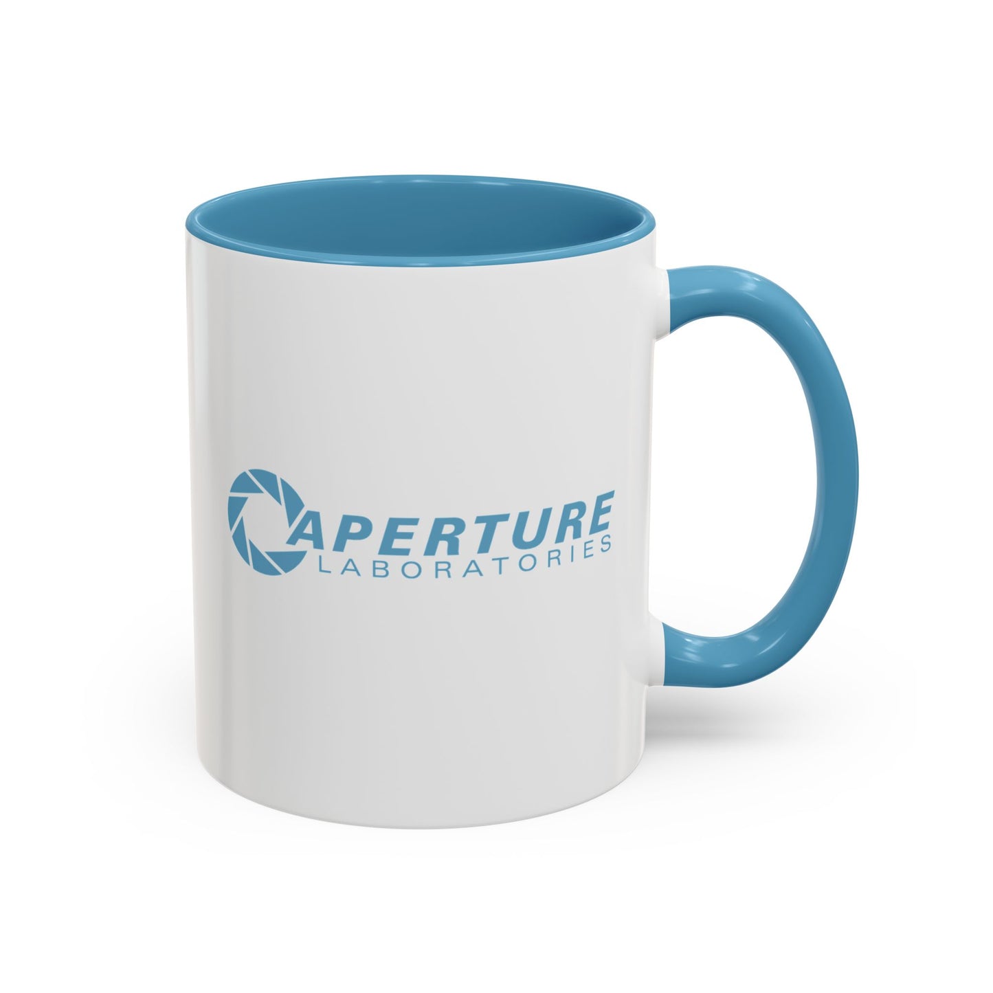 Mug with 'Aperture Laboratories' logo on a white background