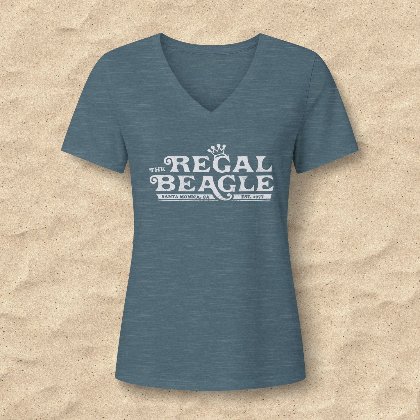 Heather slate blue womens v-neck tee with vintage distressed Regal Beagle Three's Company logo