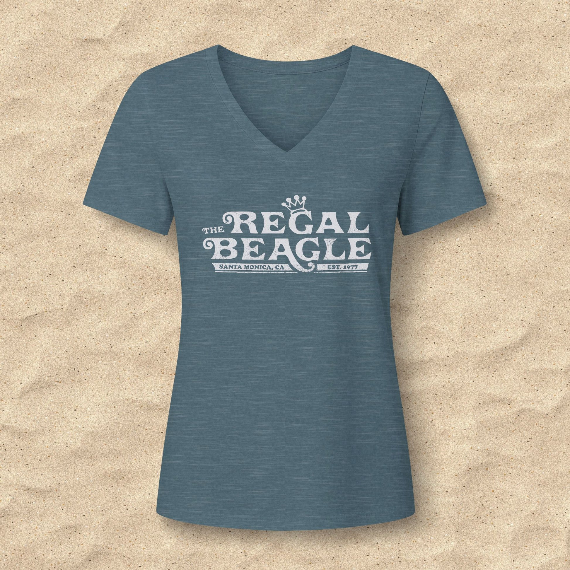 Heather slate blue womens v-neck tee with vintage distressed Regal Beagle Three's Company logo