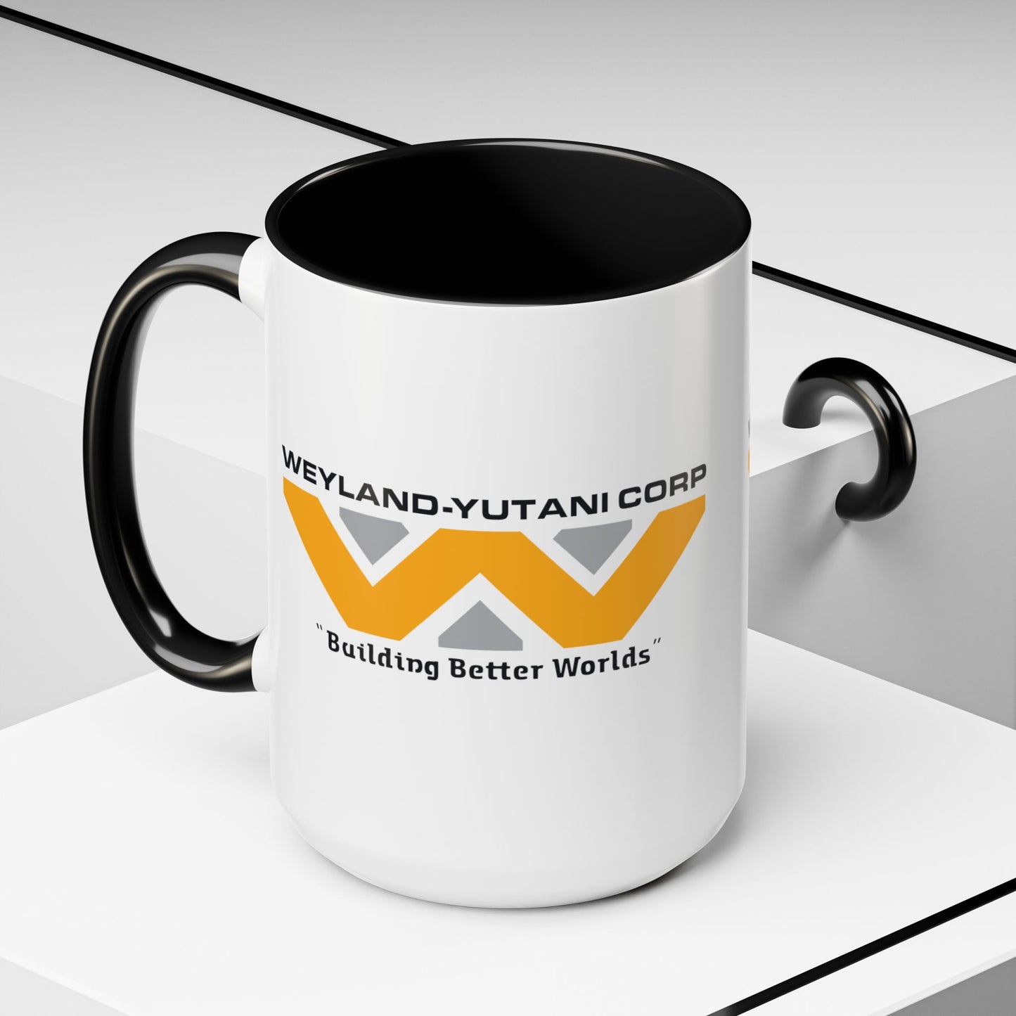 15 oz Weyland-Yutani Corp ceramic accent mug inspired by Alien movie, Building Better Worlds logo on white mug with black handle on left