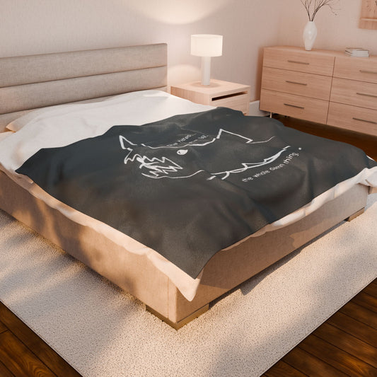 Angled view of 60x80 Velveteen plush blanket with Quint’s chalkboard shark drawing from Jaws, shown draped on a bed.