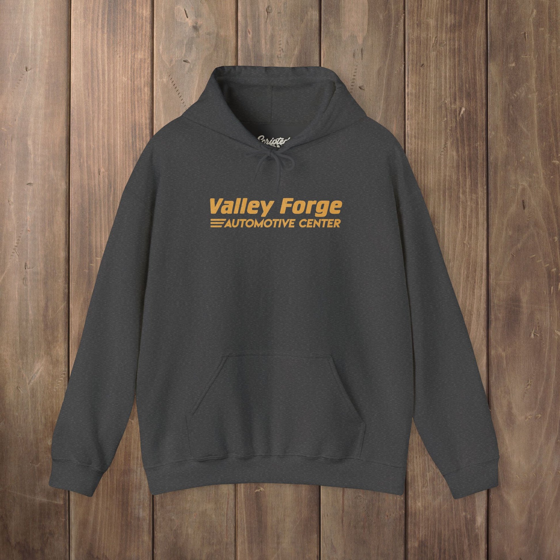 Dark gray Valley Forge Automotive Center hoodie with distressed logo, Tires TV show inspired sweatshirt