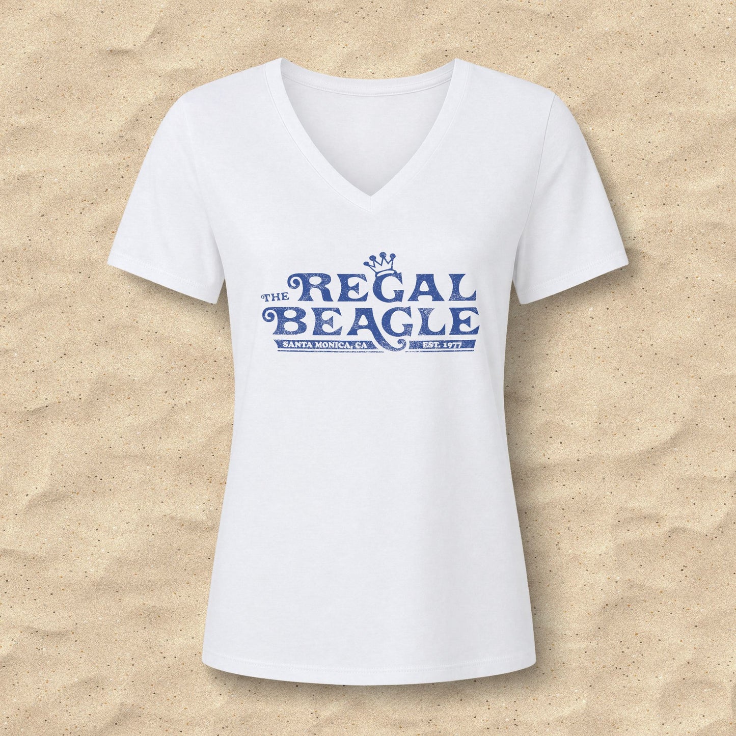White womens v-neck tee with vintage distressed Regal Beagle Three's Company logo