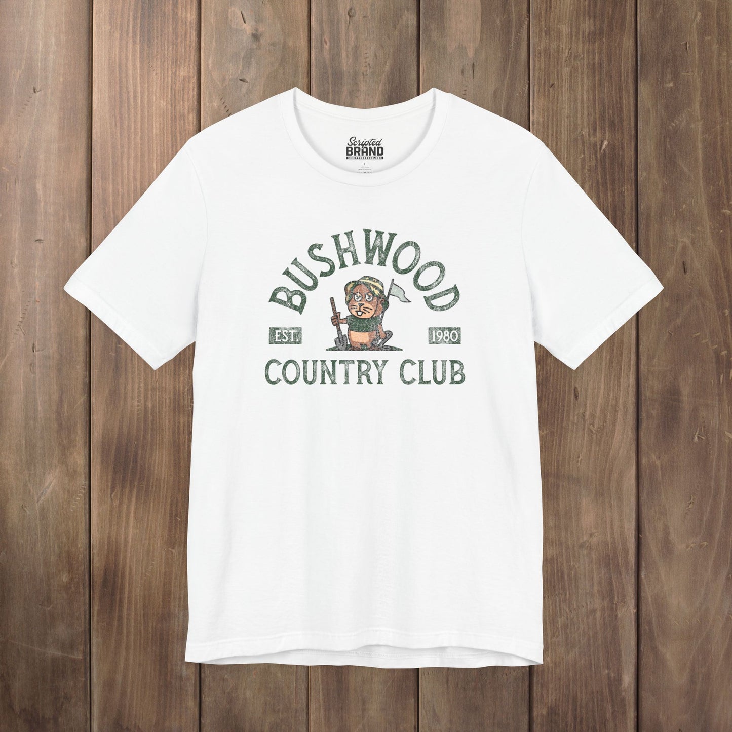 White Bella+Canvas tee with a vintage distressed Bushwood Country Club golf gopher logo from Caddyshack