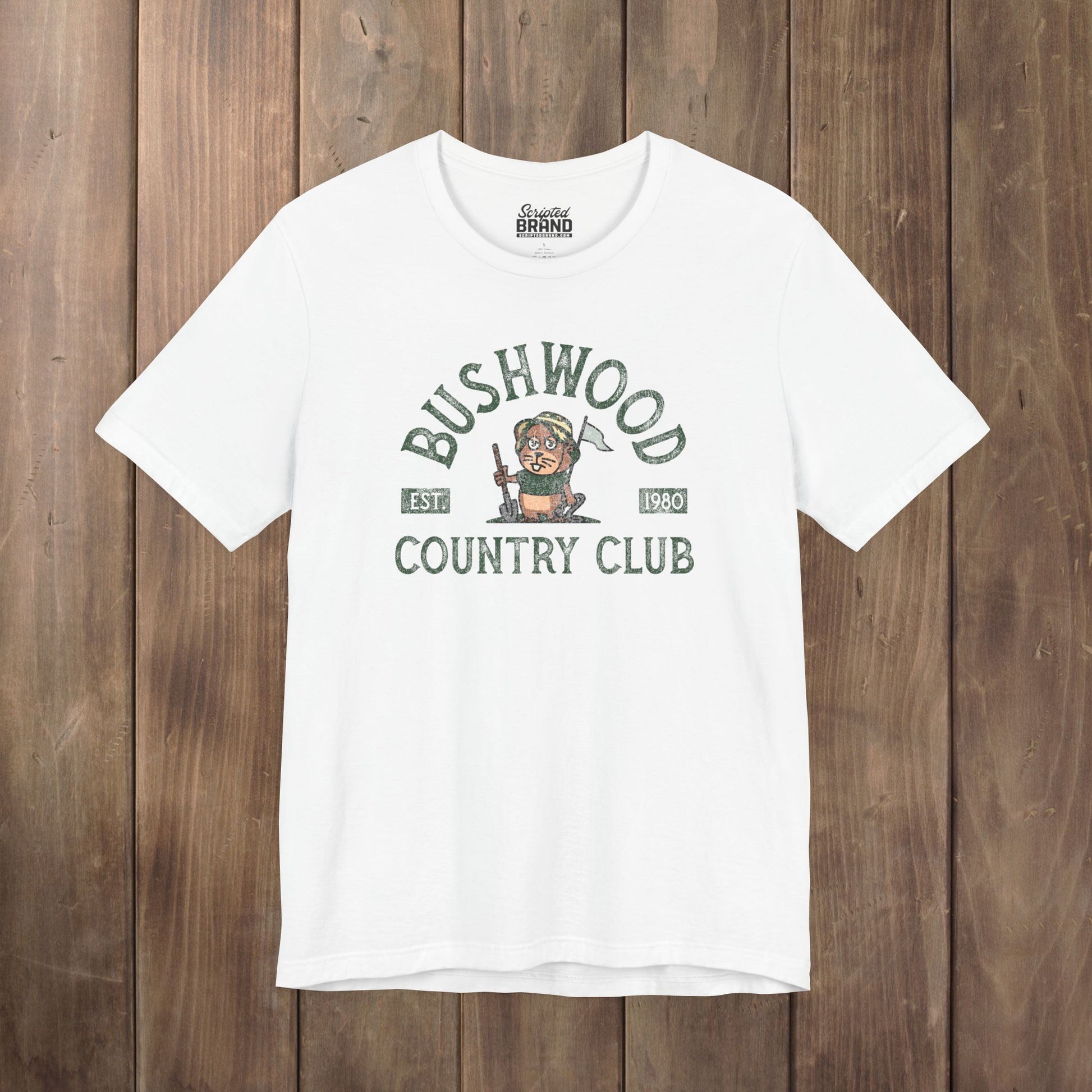 White Bella+Canvas tee with a vintage distressed Bushwood Country Club golf gopher logo from Caddyshack