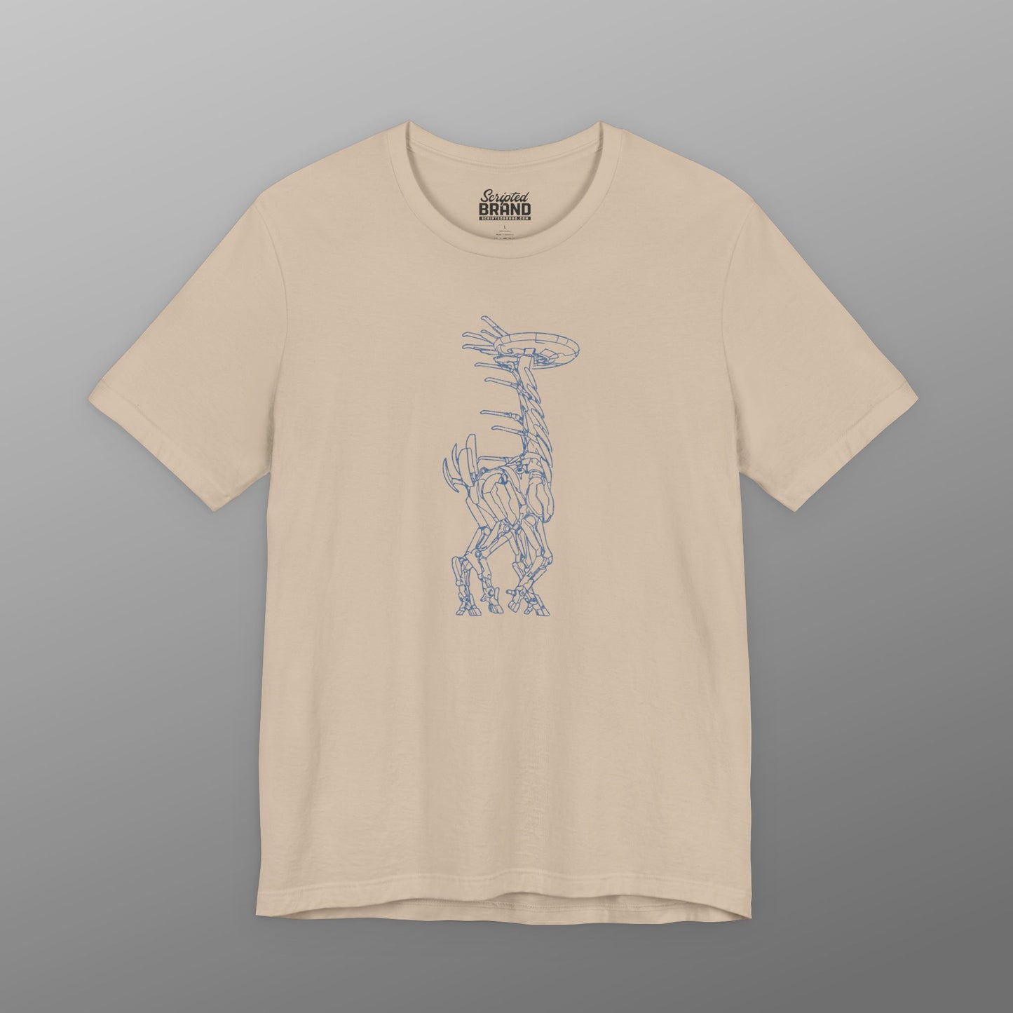 Tan Tallneck vintage line-art graphic t-shirt inspired by Horizon Zero Dawn and Forbidden West, soft Bella+Canvas cotton tee