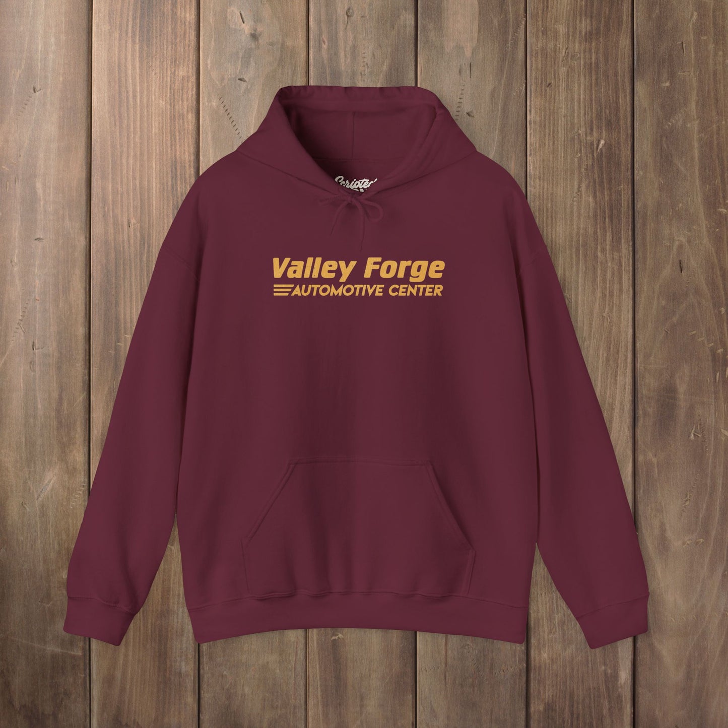 Maroon Valley Forge Automotive Center hoodie with distressed logo, Tires TV show inspired sweatshirt