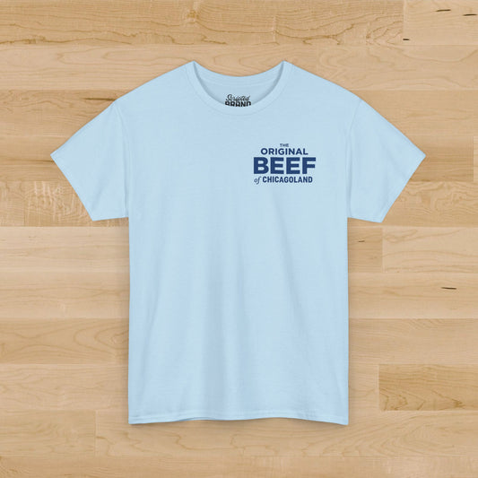 'The Original Beef of Chicagoland' t-shirt inspired by The Bear, Gildan 5000 short sleeve crew neck in light blue.