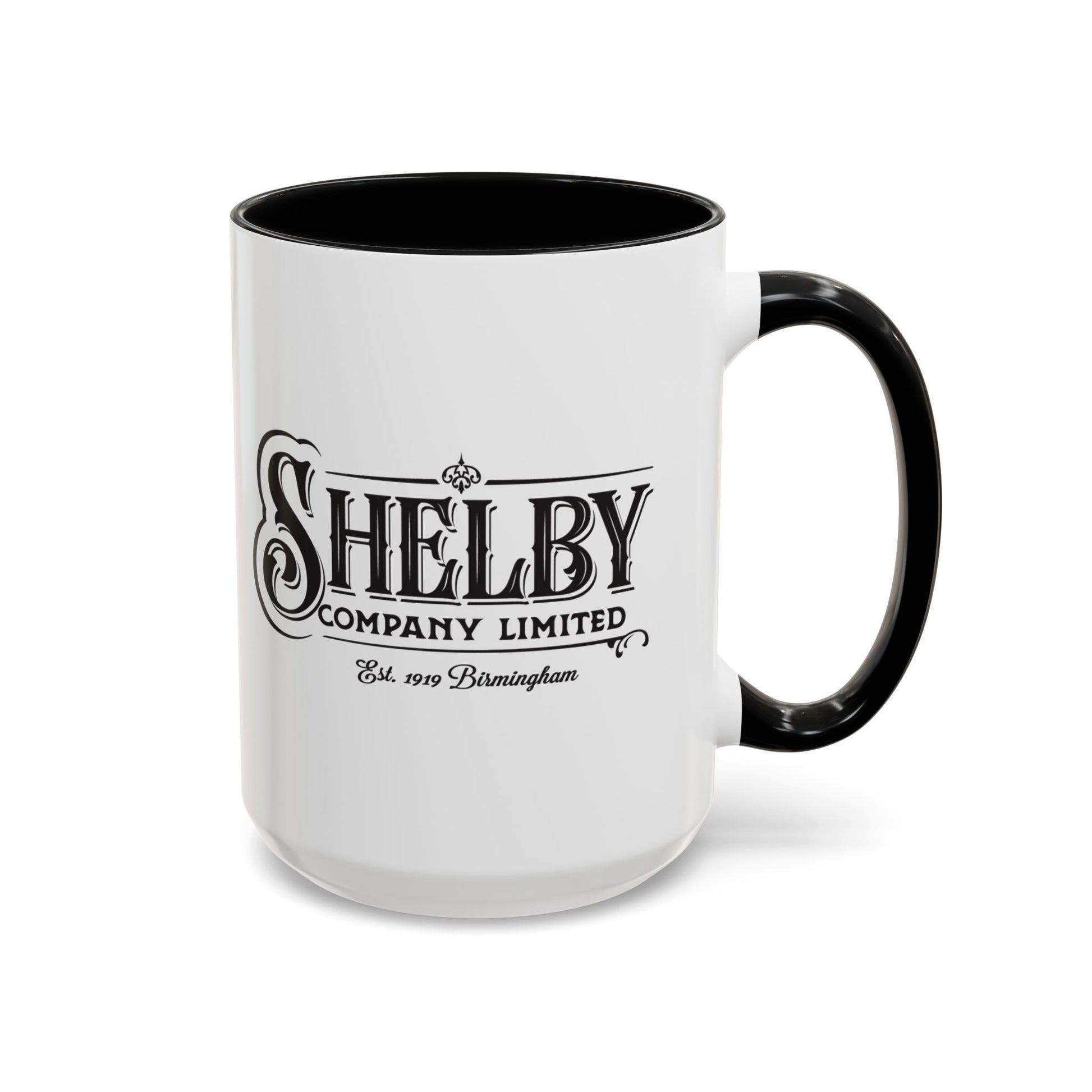 Front view of a 15 oz White Ceramic Mug with black handle/interior featuring the fictional Shelby Company Limited Logo from the TV show Peaky Blinders printed on both sides. Black handle is on the right. Graphic is designed by ScriptedBrand and includes the text "Est. 1919 Birmingham".