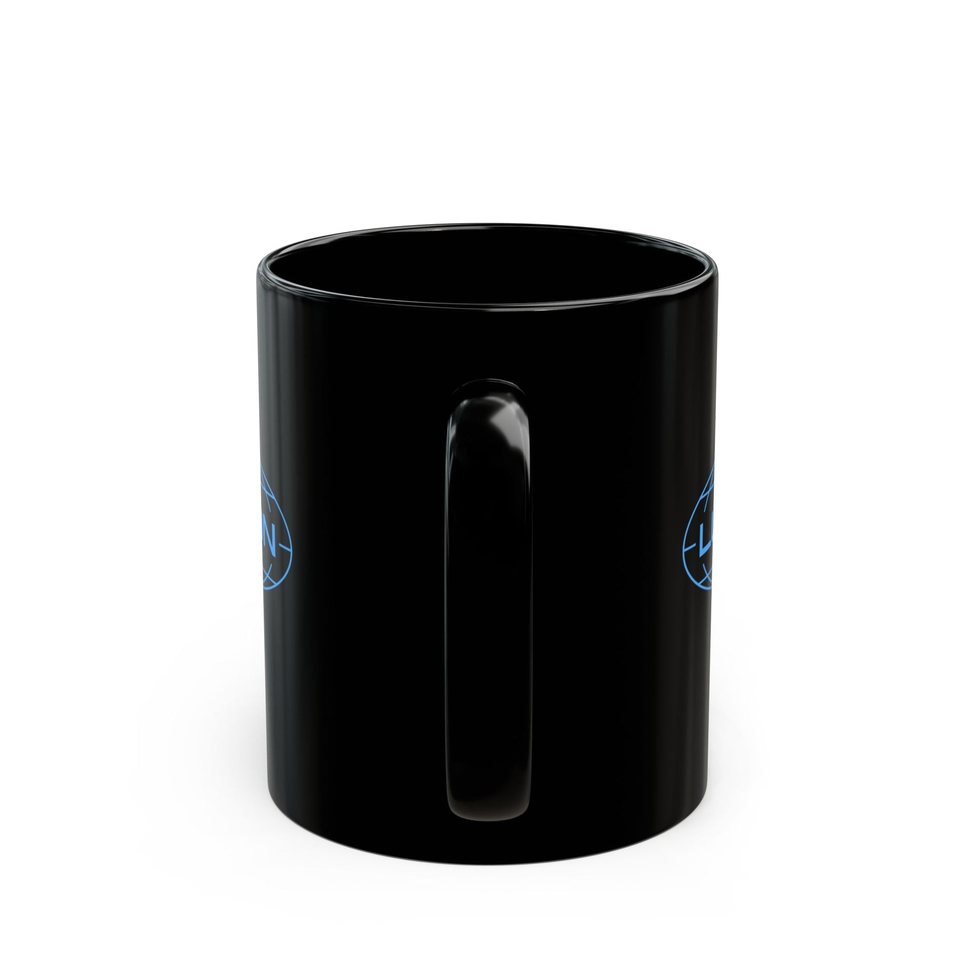Handle angle view of an 11 oz Black Ceramic Mug with the Lumon Industries logo from the Apple TV show Severance printed on both sides.