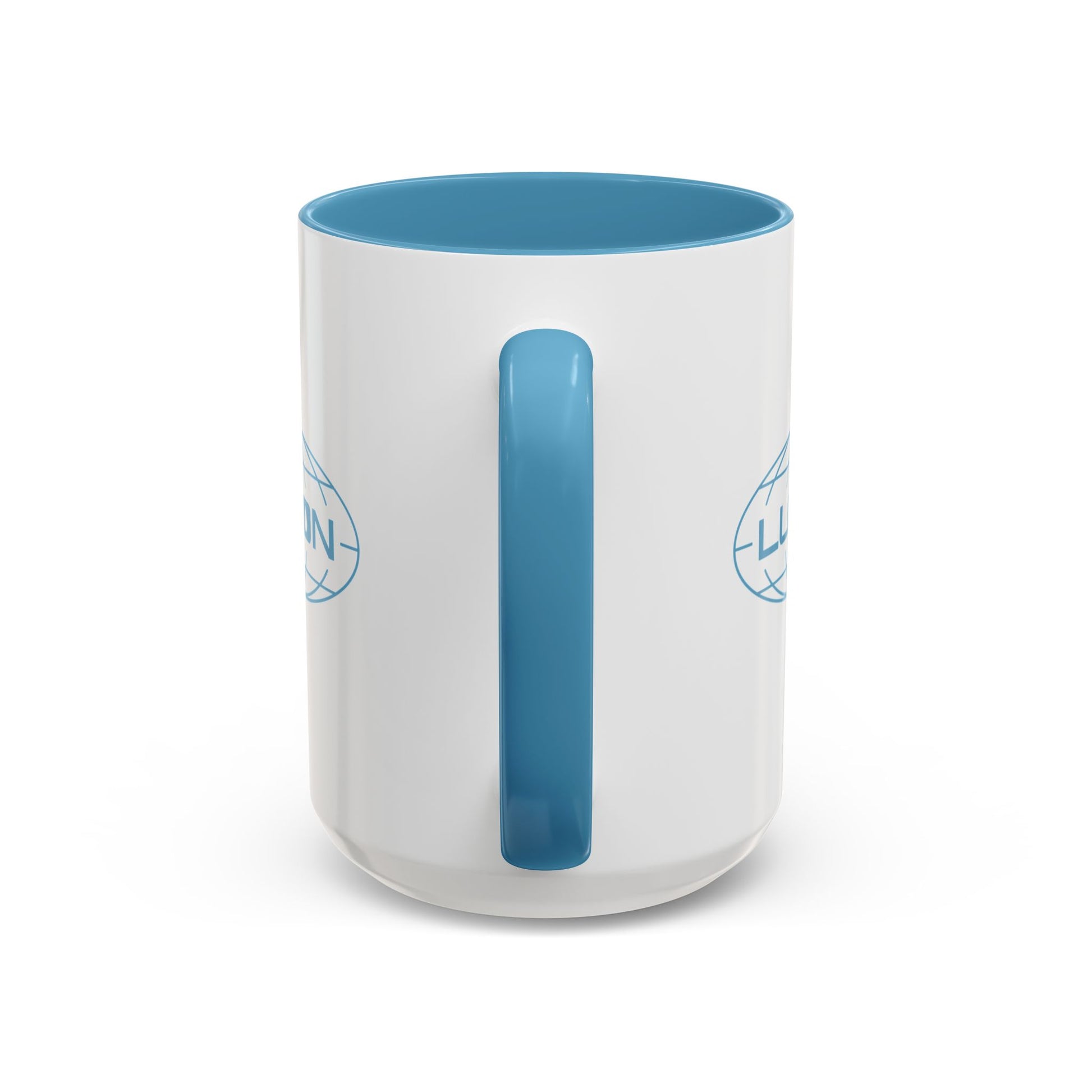 Handle-side view of a White Ceramic Mug (15 oz) with the blue Lumon Industries logo on both sides, inspired by the Apple TV show Severance.