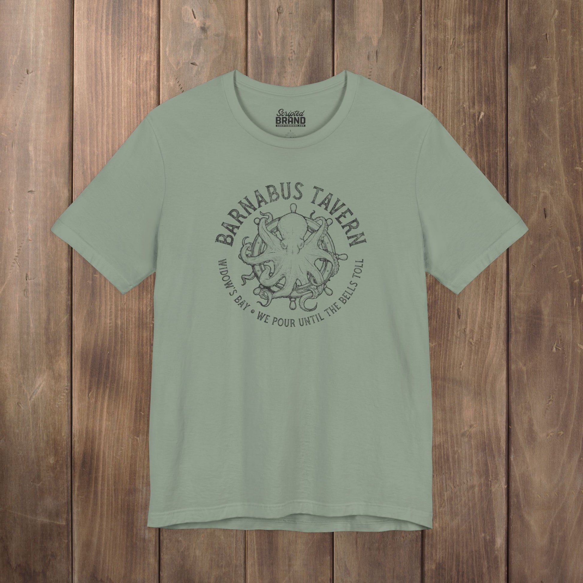 Sage green tee with vintage engraved Barnabus Tavern octopus and ship's wheel Widow's Bay design