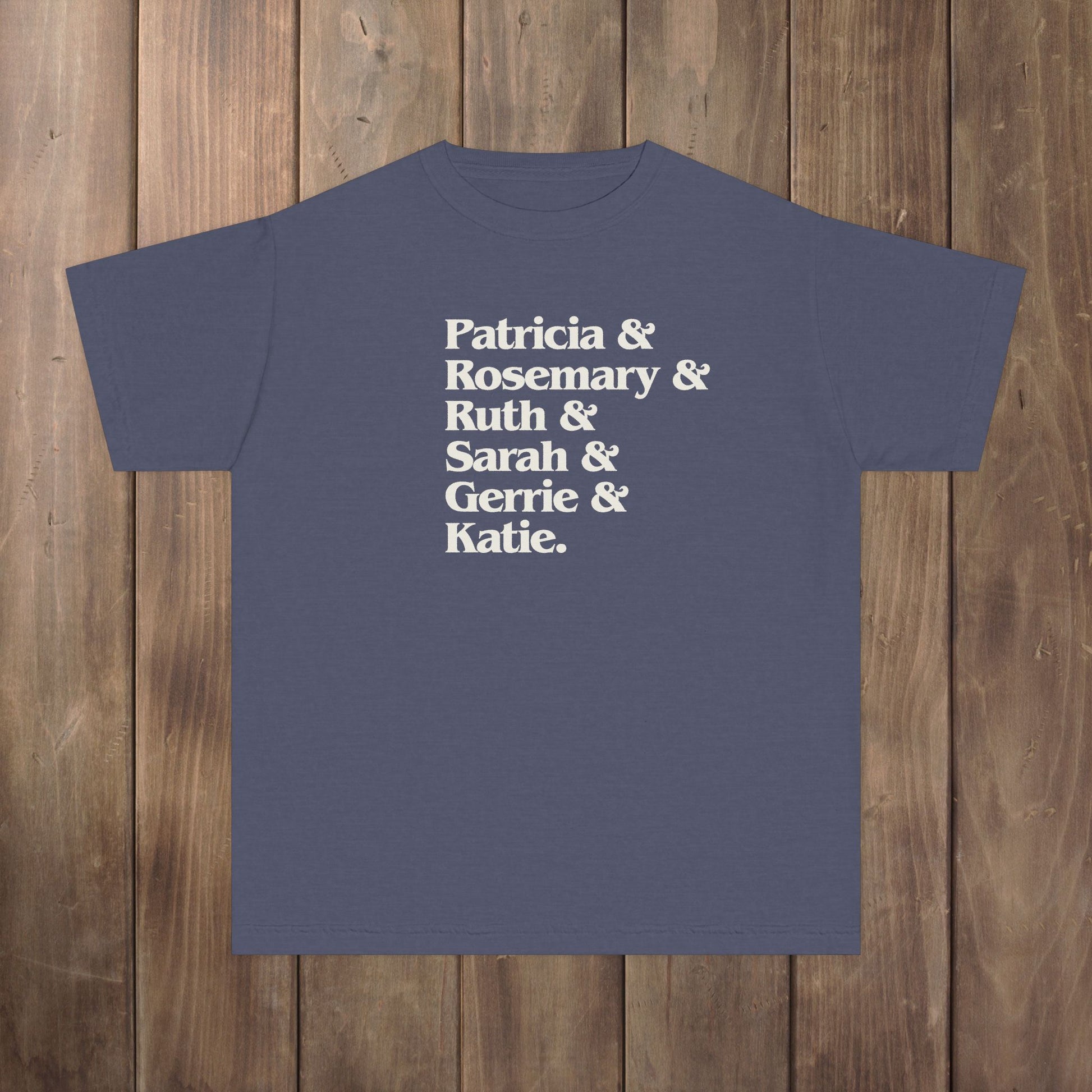 Denim Blue youth kids tee with stacked Women of Widow's Bay names in cream type