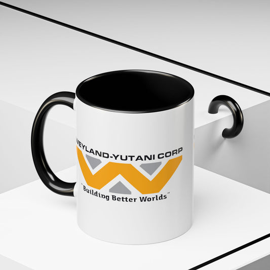 11 oz Weyland-Yutani Corp ceramic accent mug inspired by Alien movie, Building Better Worlds logo on white mug with black handle on left
