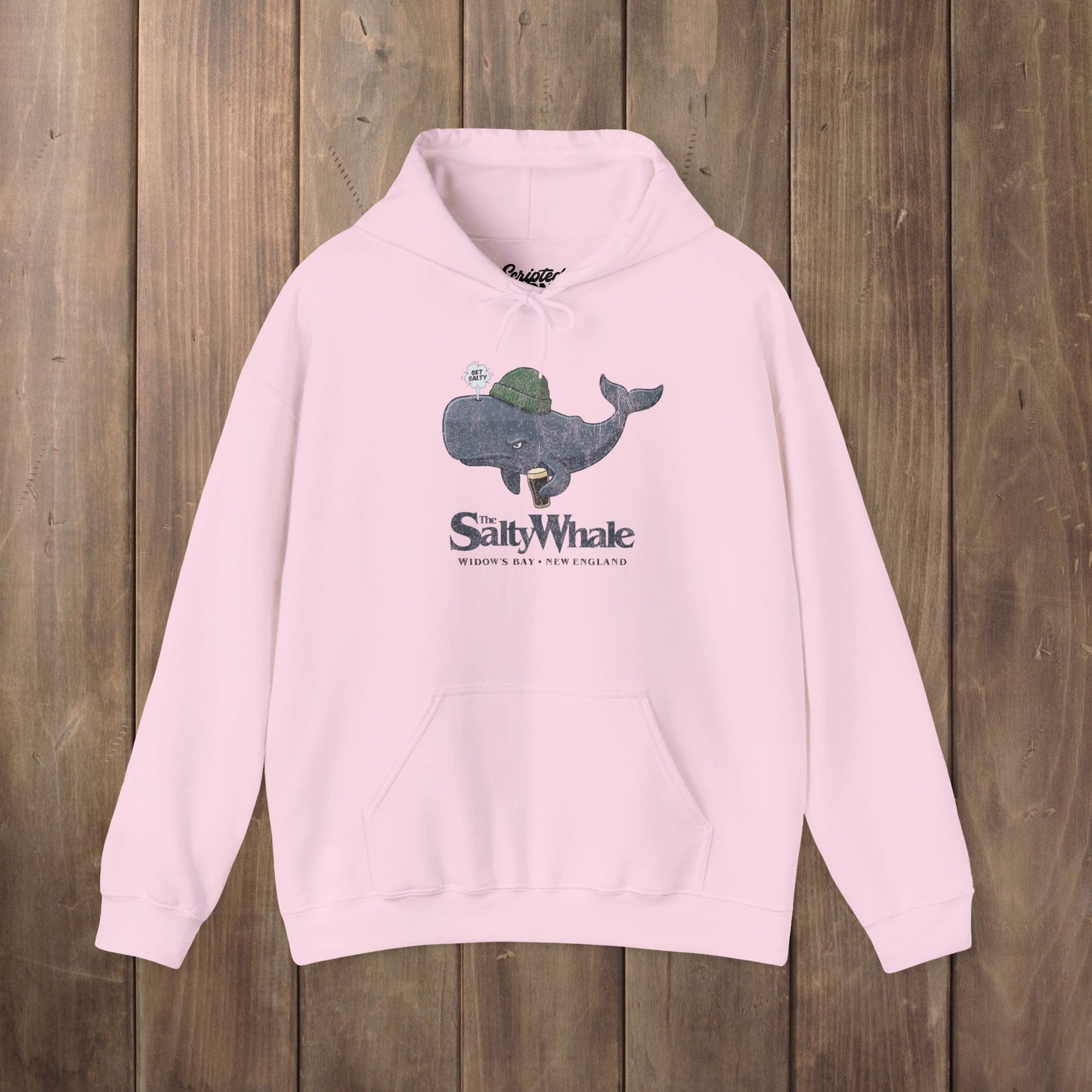 Pink 'The Salty Whale' cartoon mascot hoodie inspired by Widow's Bay Apple TV series, heavy blend pullover sweatshirt