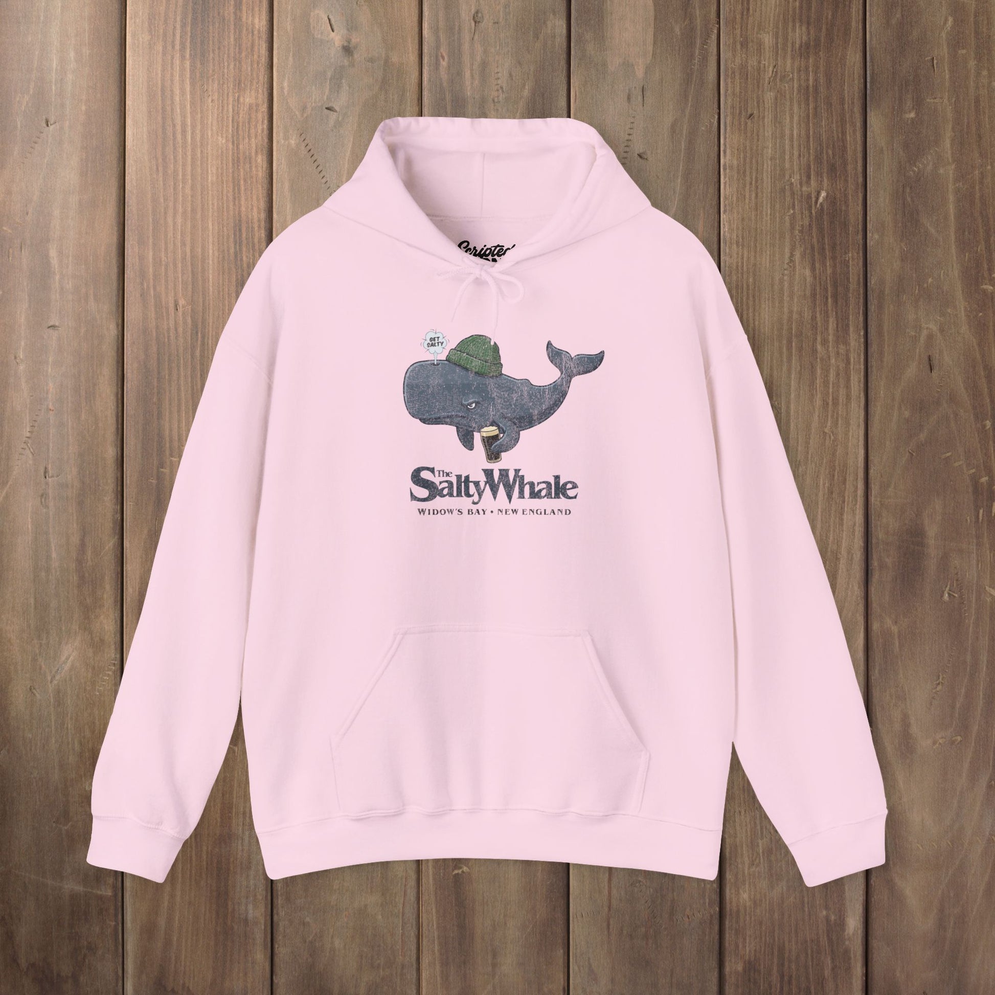 Pink 'The Salty Whale' cartoon mascot hoodie inspired by Widow's Bay Apple TV series, heavy blend pullover sweatshirt