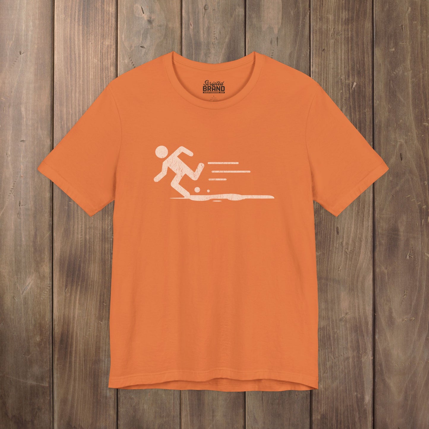 Burnt orange tee with vintage distressed Portal 2 Propulsion Gel icon of a figure sprinting fast