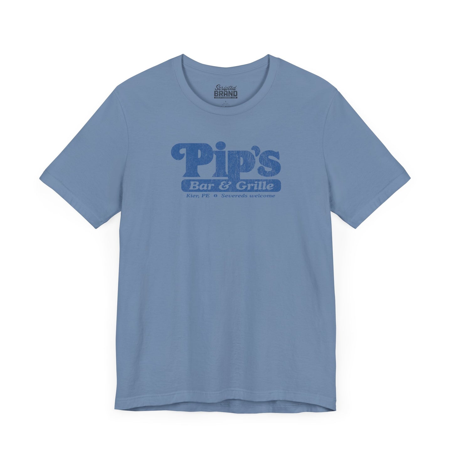Front view of a steel blue colored soft Bella+Canvas shirtsleeve t-shirt with the Pips Bar and Grill logo from the TV show Severance in a vintage distressed ink-stamped worn-in style.