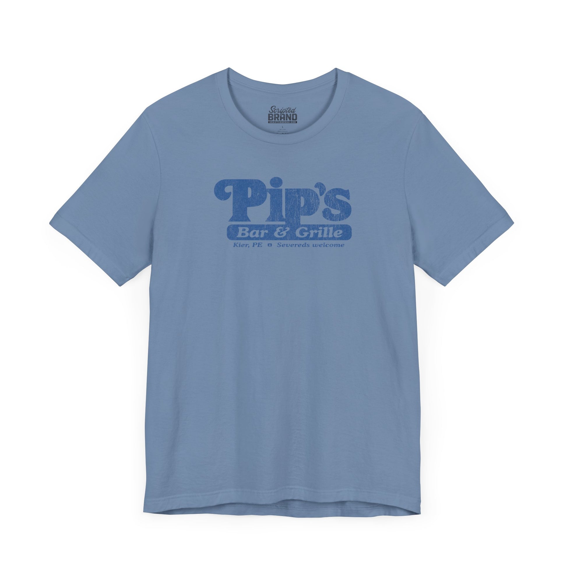Front view of a steel blue colored soft Bella+Canvas shirtsleeve t-shirt with the Pips Bar and Grill logo from the TV show Severance in a vintage distressed ink-stamped worn-in style.