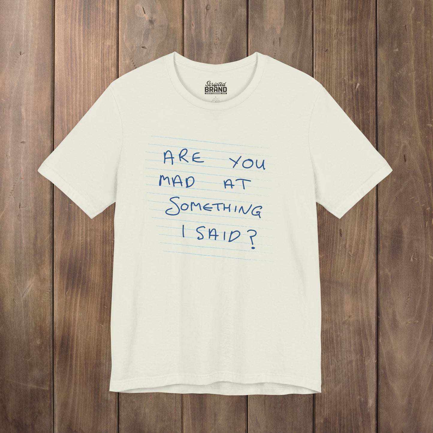 Citron green t-shirt with handwritten Patricia note from Widow's Bay reading "Are You Mad At Something I Said?"