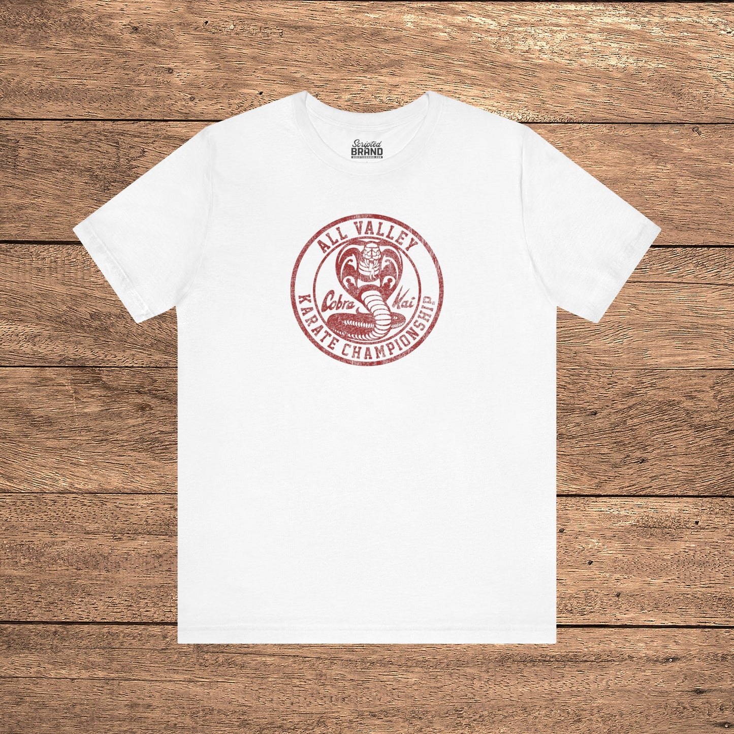 White Cobra Kai All Valley Karate Championship vintage distressed graphic t-shirt, soft Bella+Canvas cotton Karate Kid tee