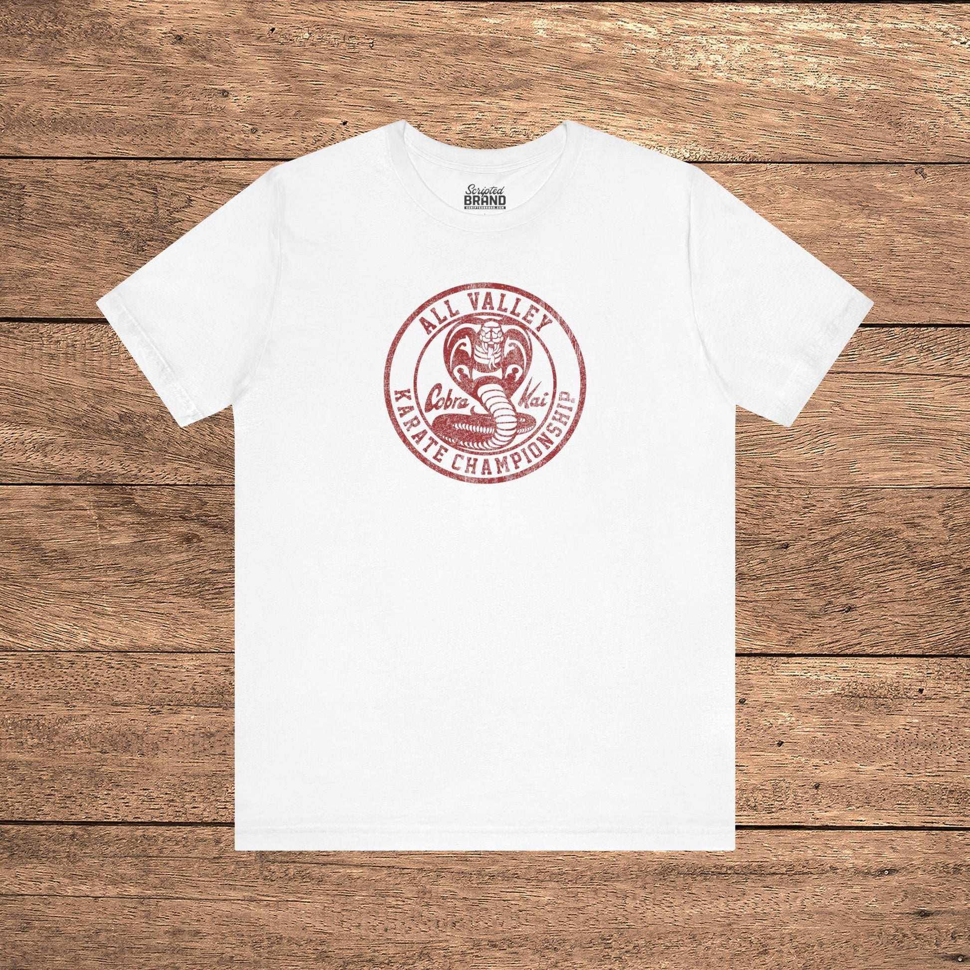 White Cobra Kai All Valley Karate Championship vintage distressed graphic t-shirt, soft Bella+Canvas cotton Karate Kid tee