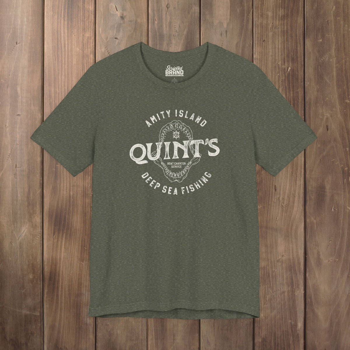 Heather military green blue t-shirt featuring the Quint's Deep Sea Fishing Boat Charters logo graphic inspired by the movie Jaws in a vintage distressed style.