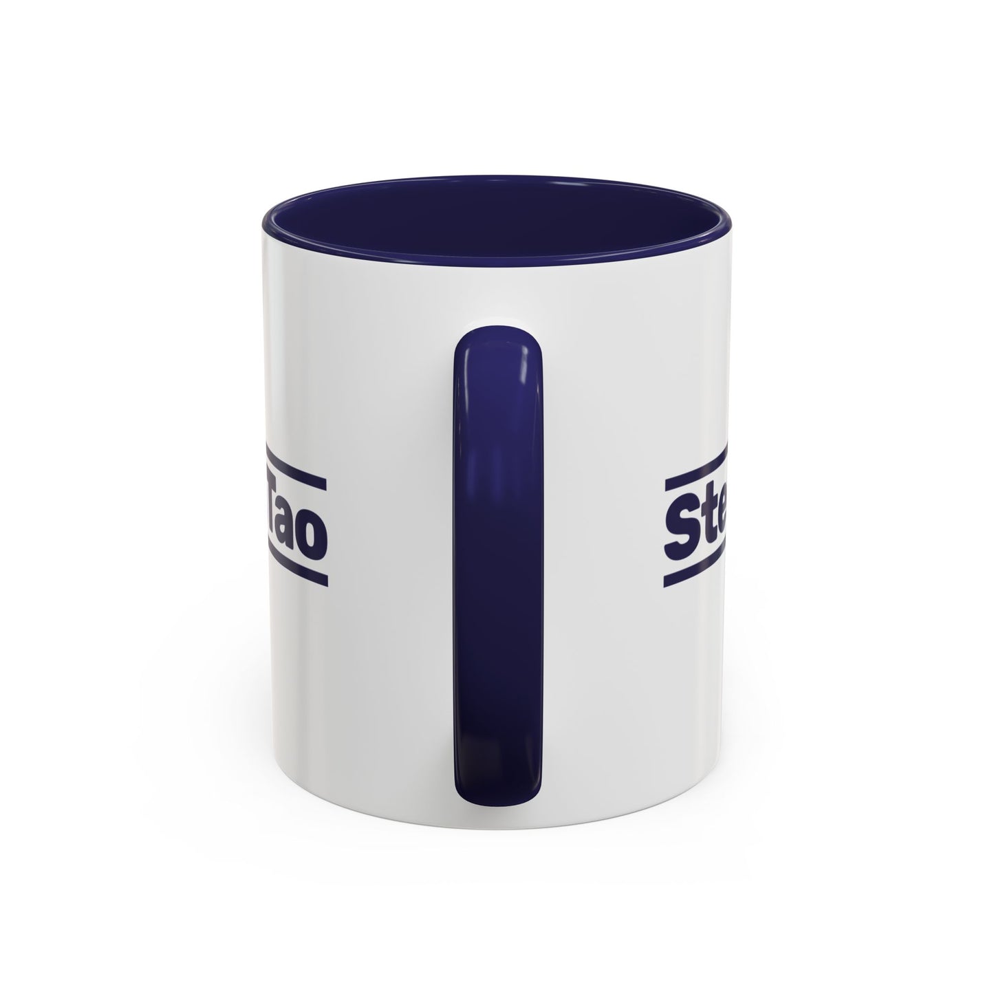 Side view of SternTao logo navy accent mug inspired by Industry, white ceramic coffee mug with navy handle, two sided print