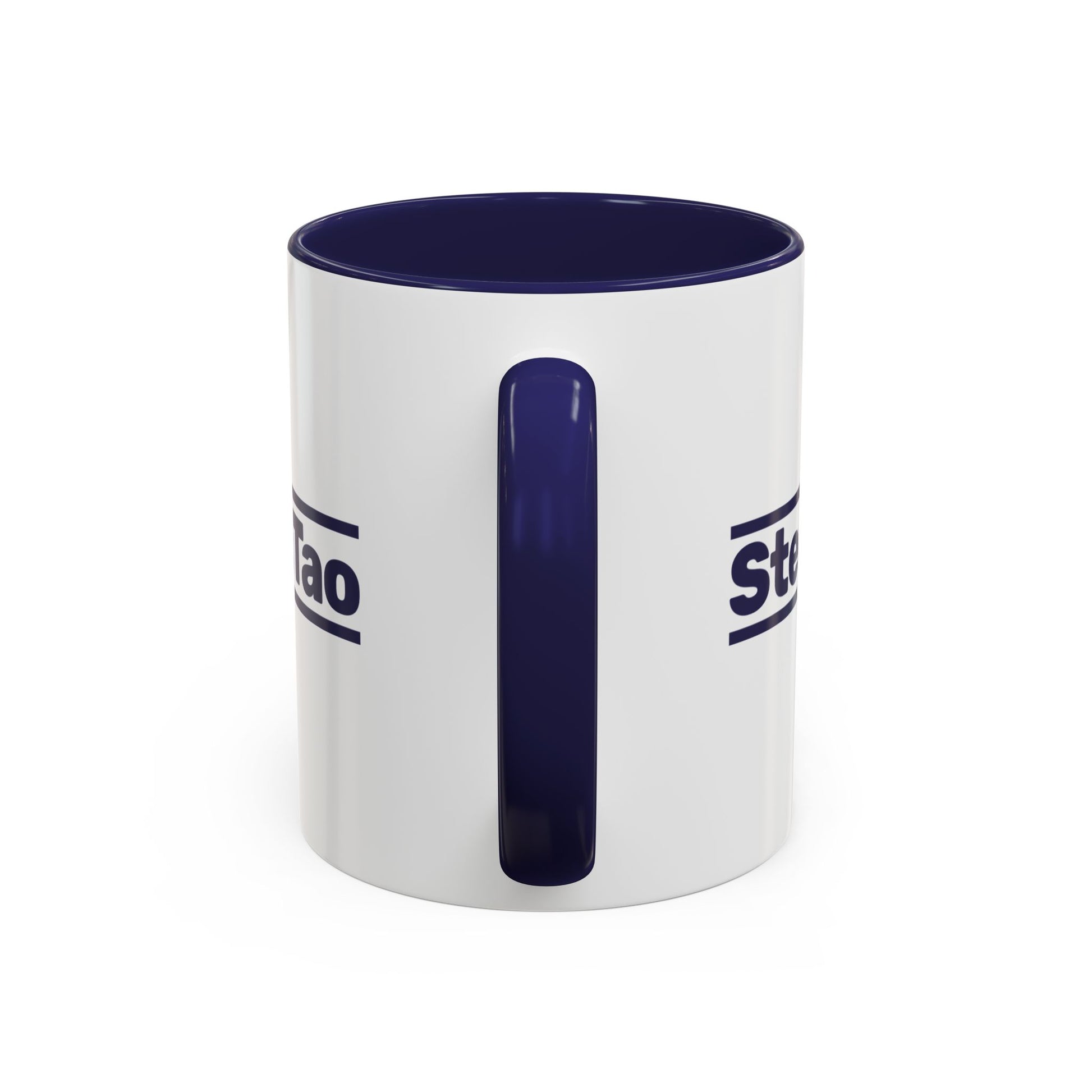 Side view of SternTao logo navy accent mug inspired by Industry, white ceramic coffee mug with navy handle, two sided print