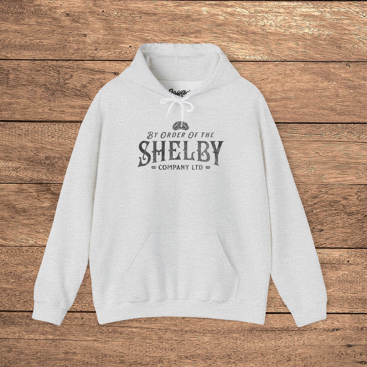 Ash Unisex Gildan 18500 Heavy Blend Hoodie Sweatshirt with a vintage Shelby Company Limited logo graphic from Peaky Blinders.