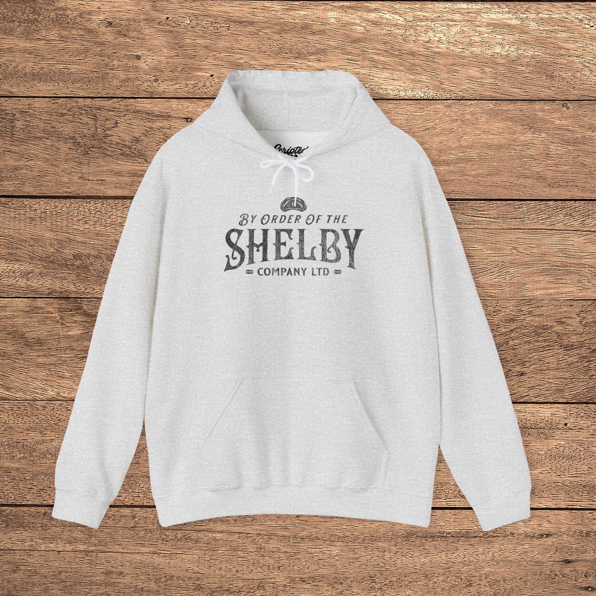 Ash Unisex Gildan 18500 Heavy Blend Hoodie Sweatshirt with a vintage Shelby Company Limited logo graphic from Peaky Blinders.