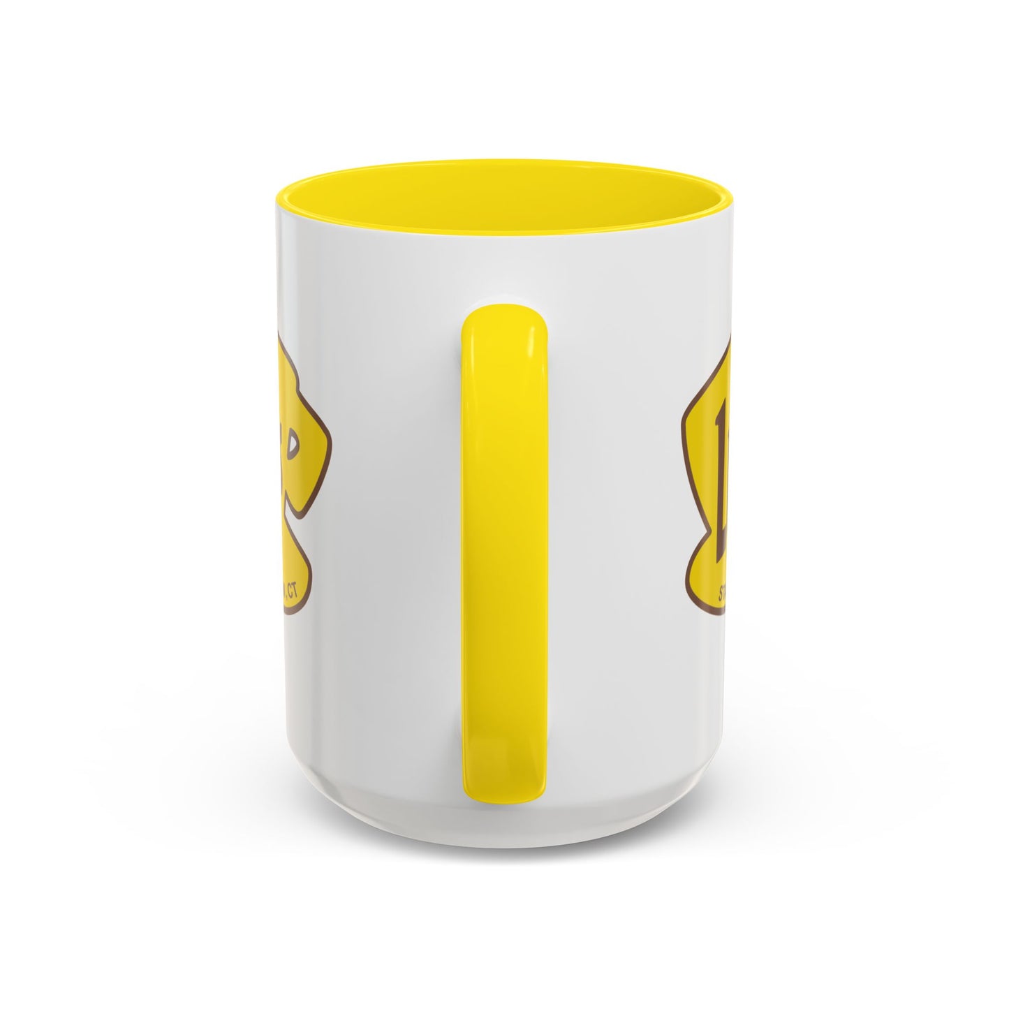 Side handle view of White ceramic mug with yellow handle and Luke’s Diner logo from Gilmore Girls printed on both sides.