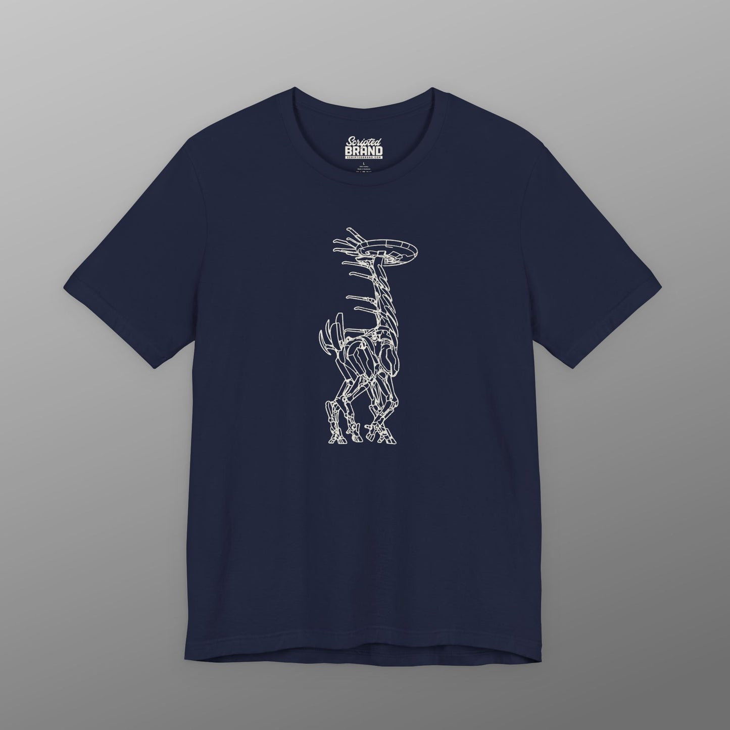 Navy blue Tallneck vintage line-art graphic t-shirt inspired by Horizon Zero Dawn and Forbidden West, soft Bella+Canvas cotton tee