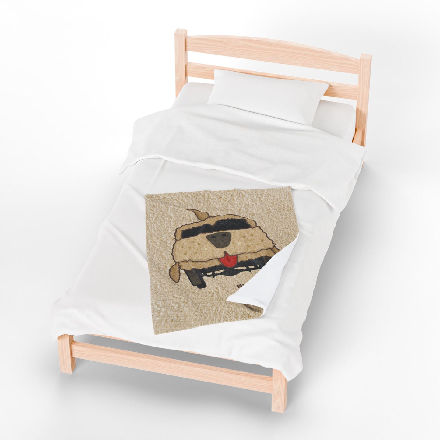 Front view of 30x40 Velveteen plush blanket with large Mutt Cutts dog van graphic inspired by Dumb and Dumber, shown on a bed.