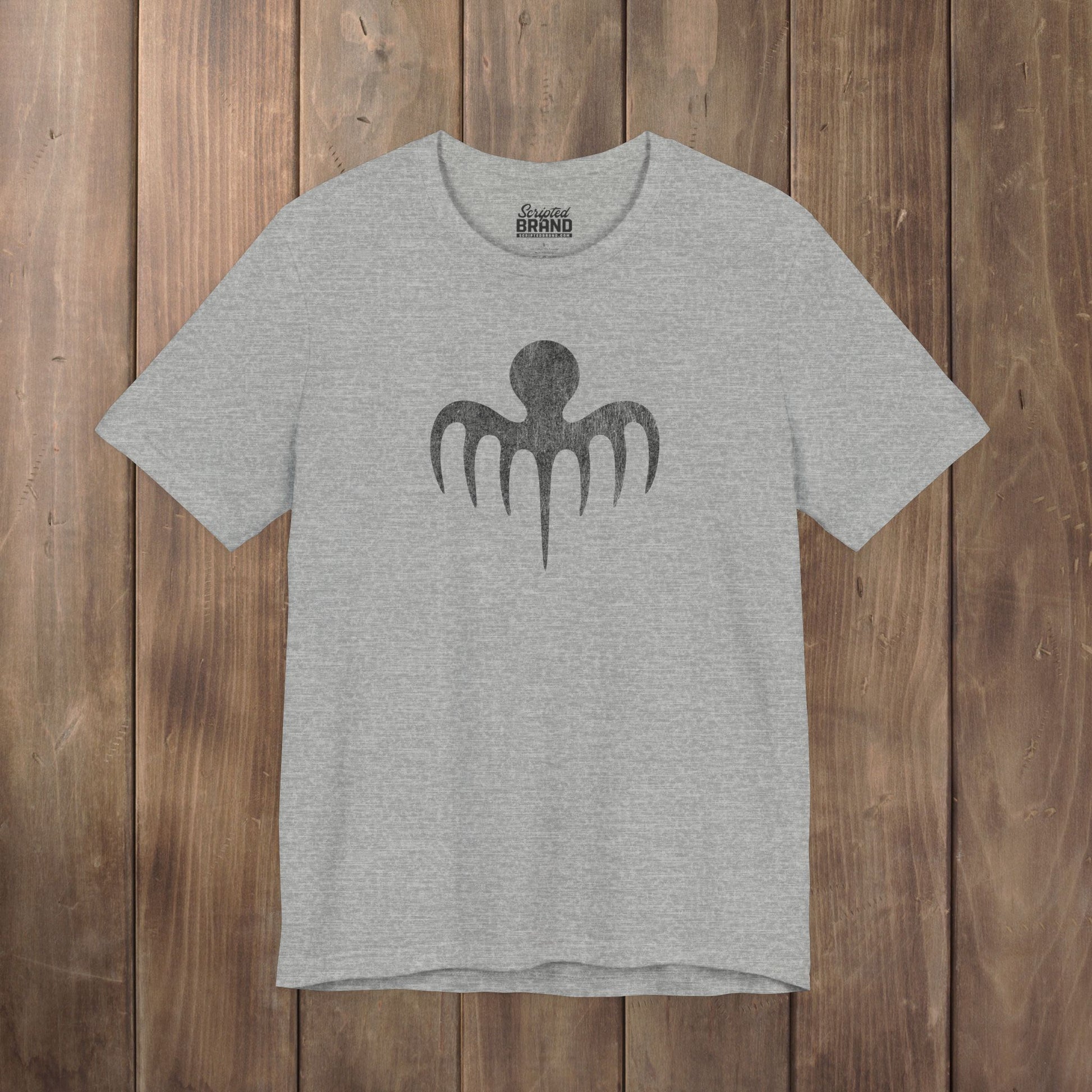 Heather gray tee with vintage distressed black Spectre octopus emblem James Bond-inspired graphic