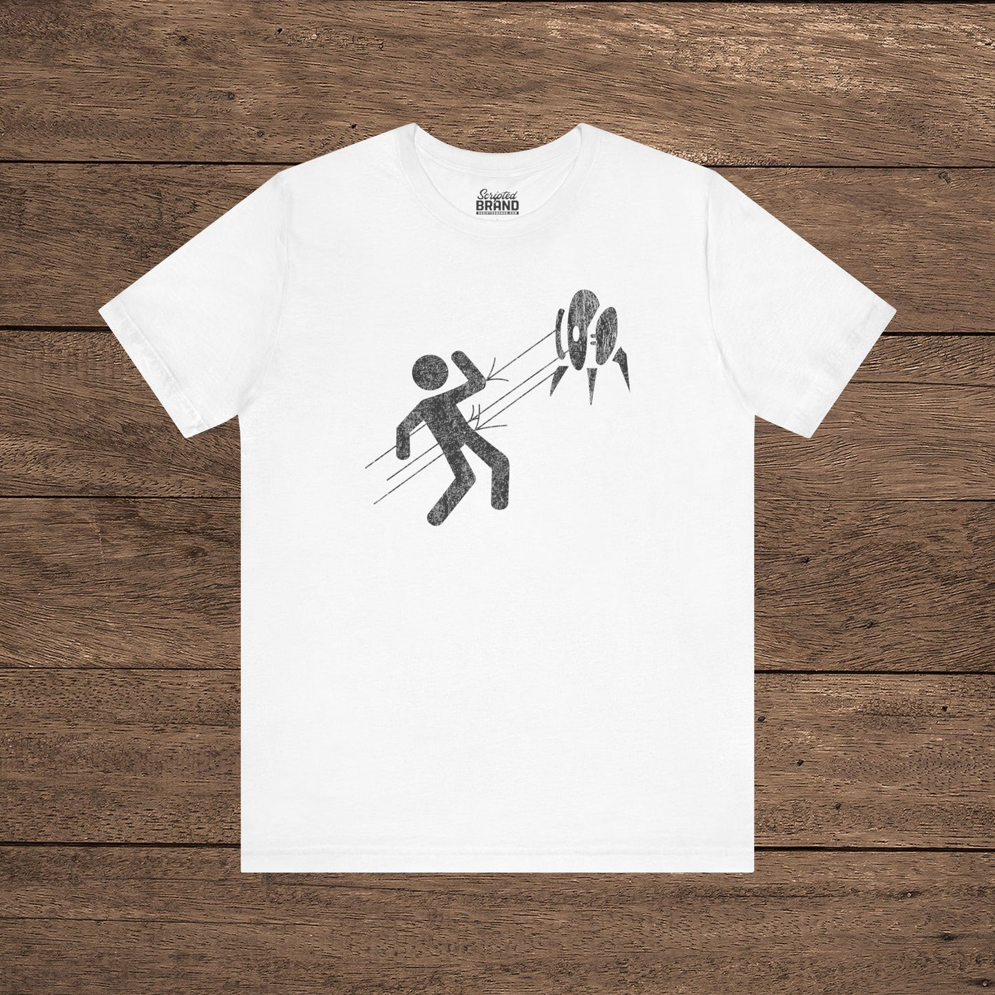 White Aperture Science Turret warning icon t-shirt on Bella+Canvas 3001, vintage distressed print, Portal and Portal 2 fan tee.