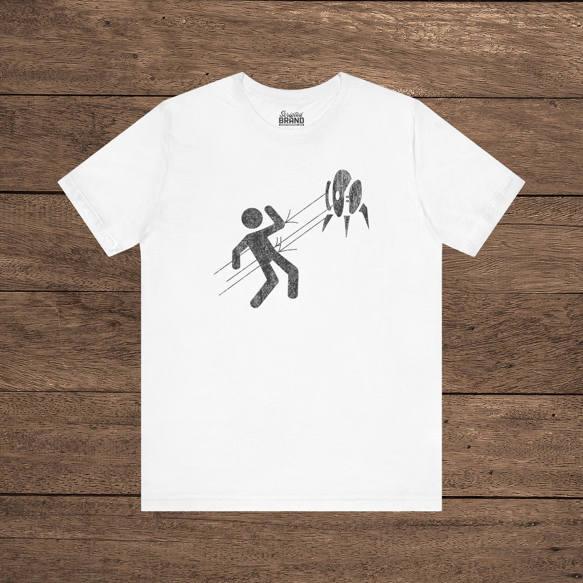 White Aperture Science Turret warning icon t-shirt on Bella+Canvas 3001, vintage distressed print, Portal and Portal 2 fan tee.